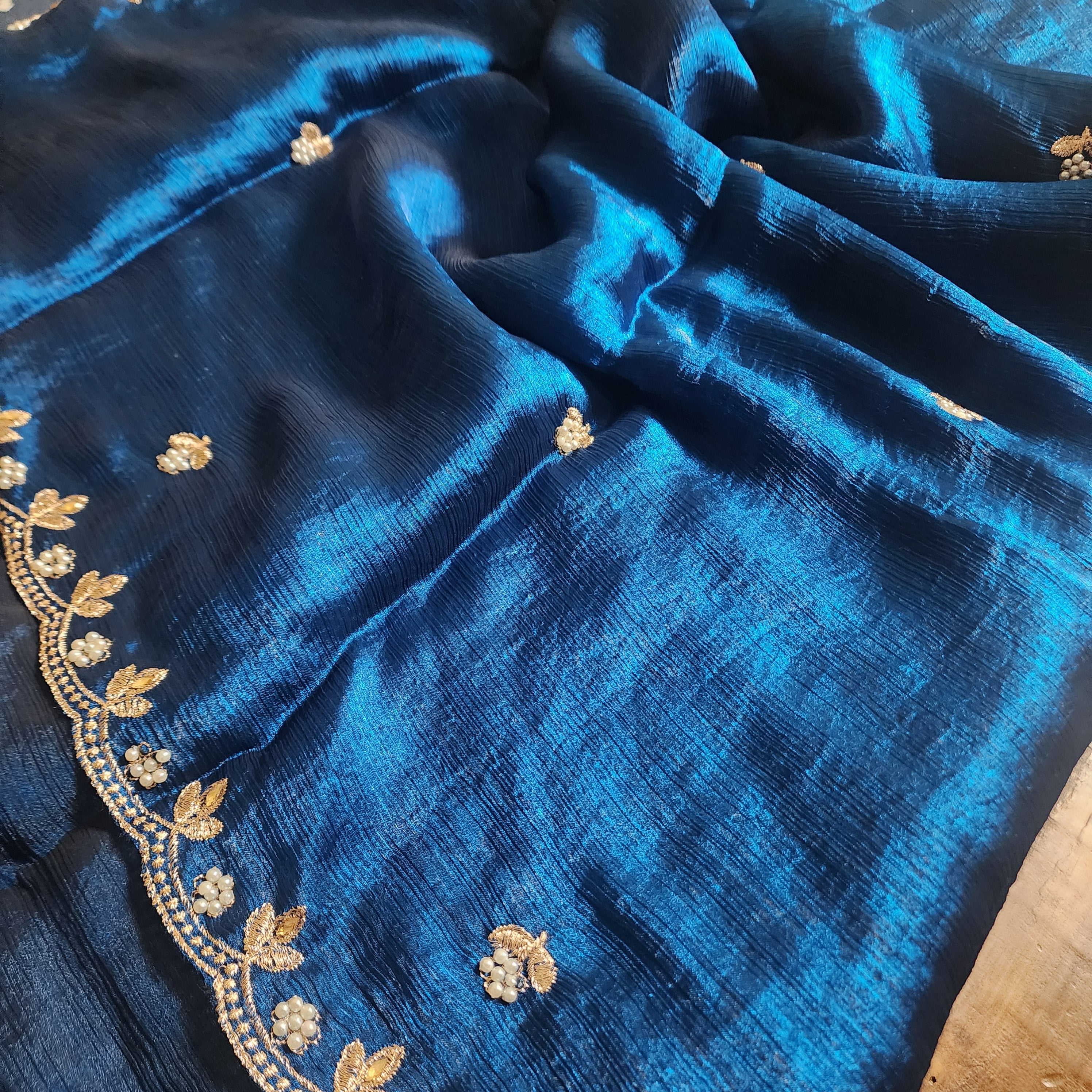 Blue Designer Chiffon Tissue Silk Saree with Contrast Green Blouse