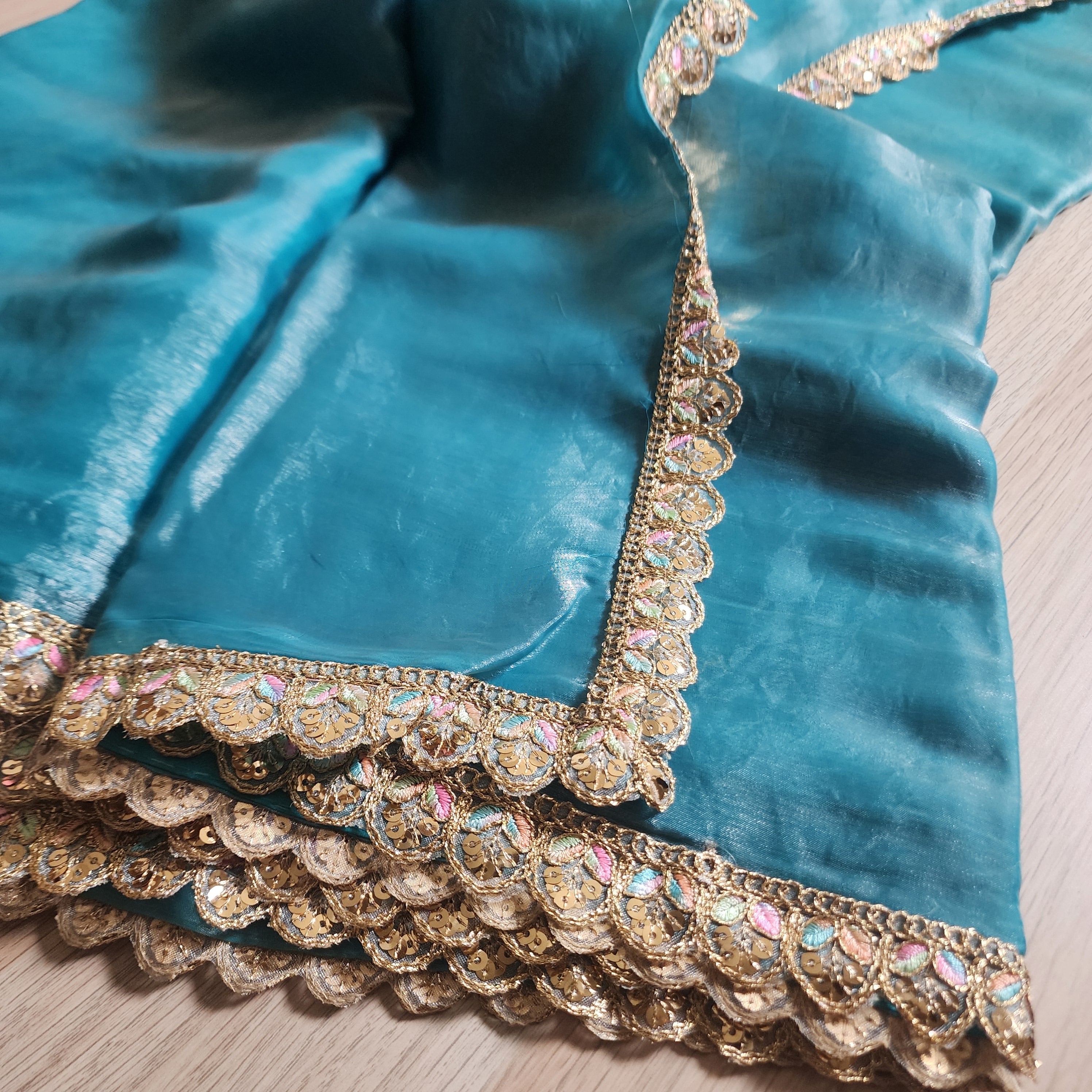 Shiny Blue Designer Tissue Organza Saree