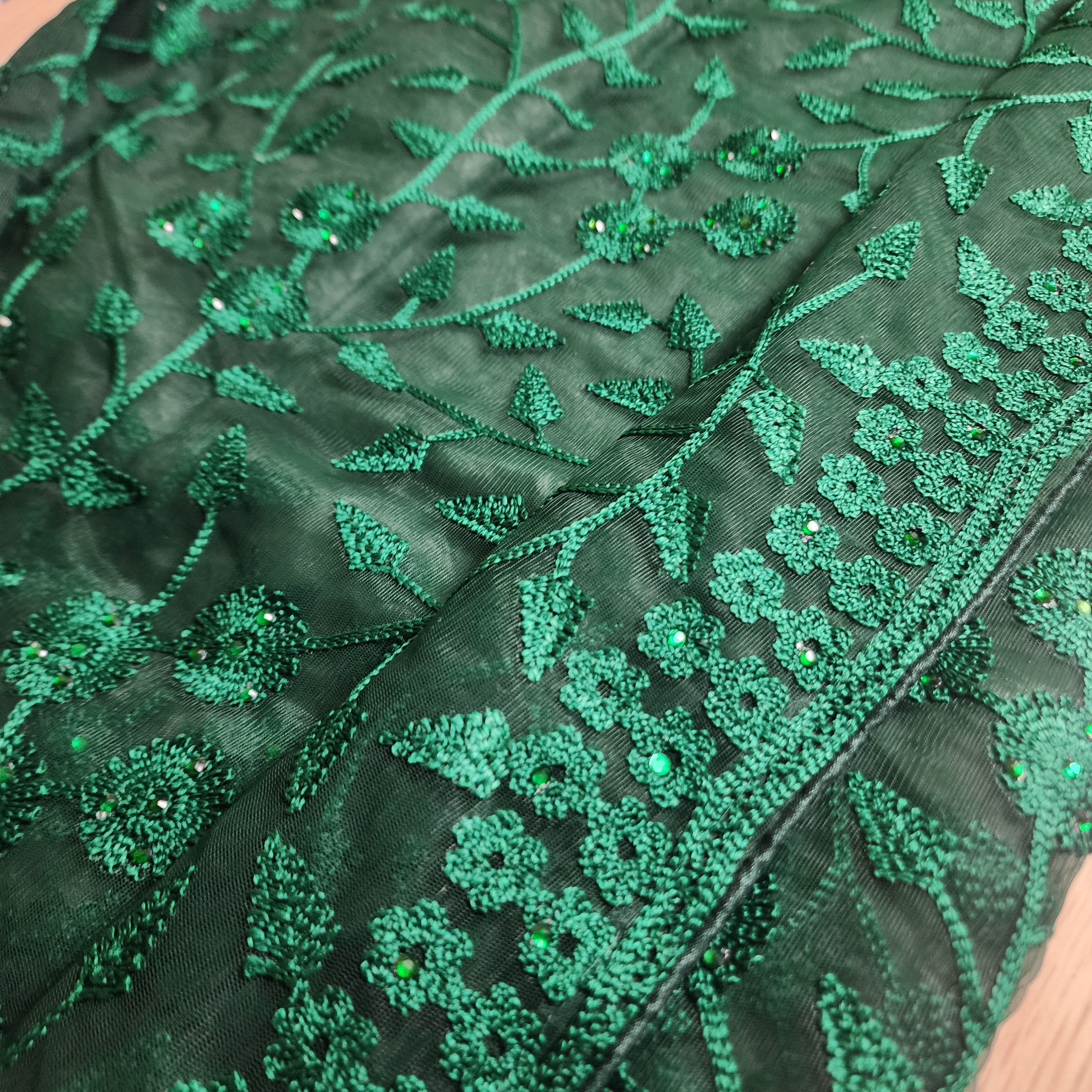 Embroidered Net Designer Saree in Dark Green