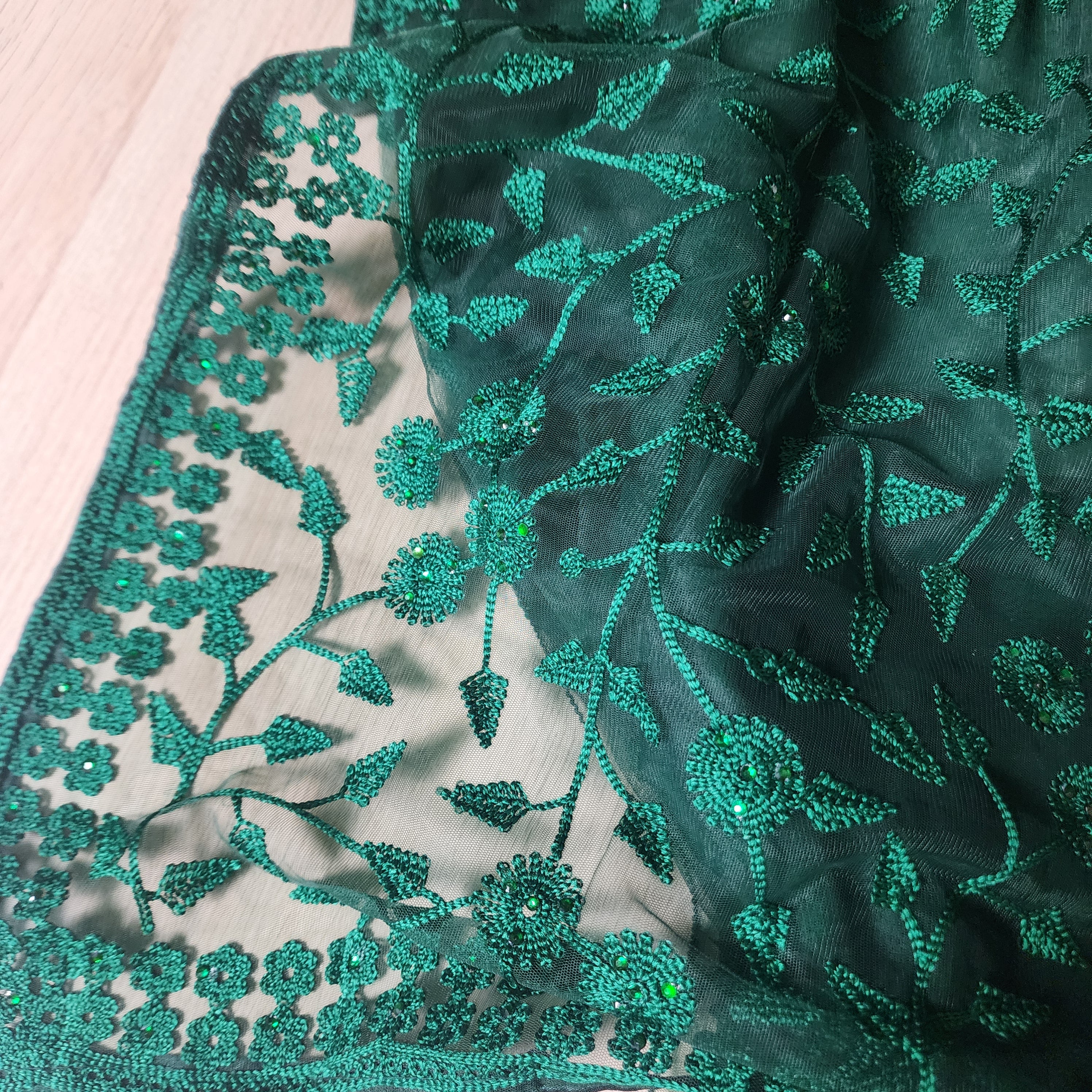 Embroidered Net Designer Saree in Dark Green