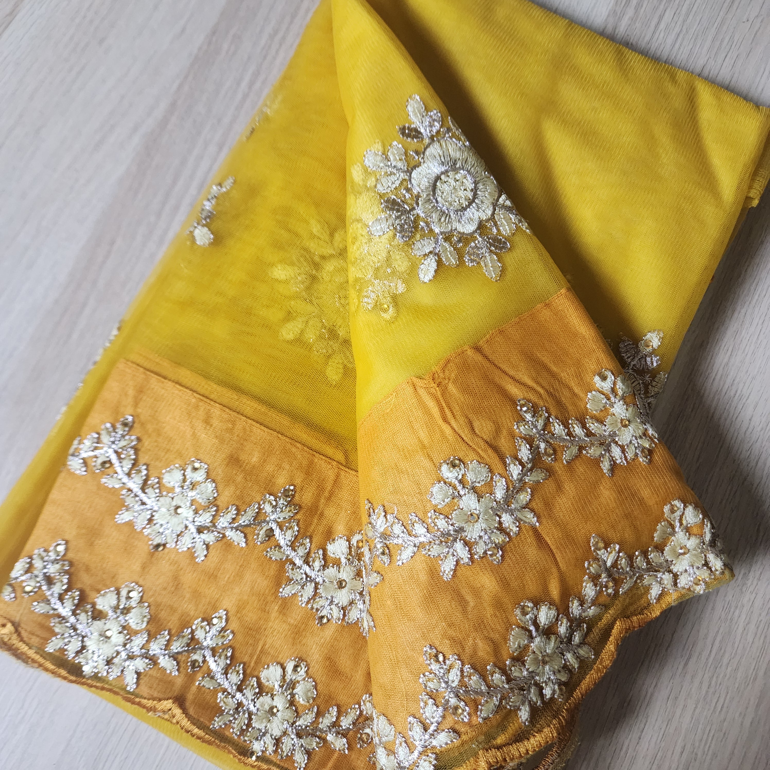 Embroidered Net Designer Saree in Bright Yellow and Orange Shade