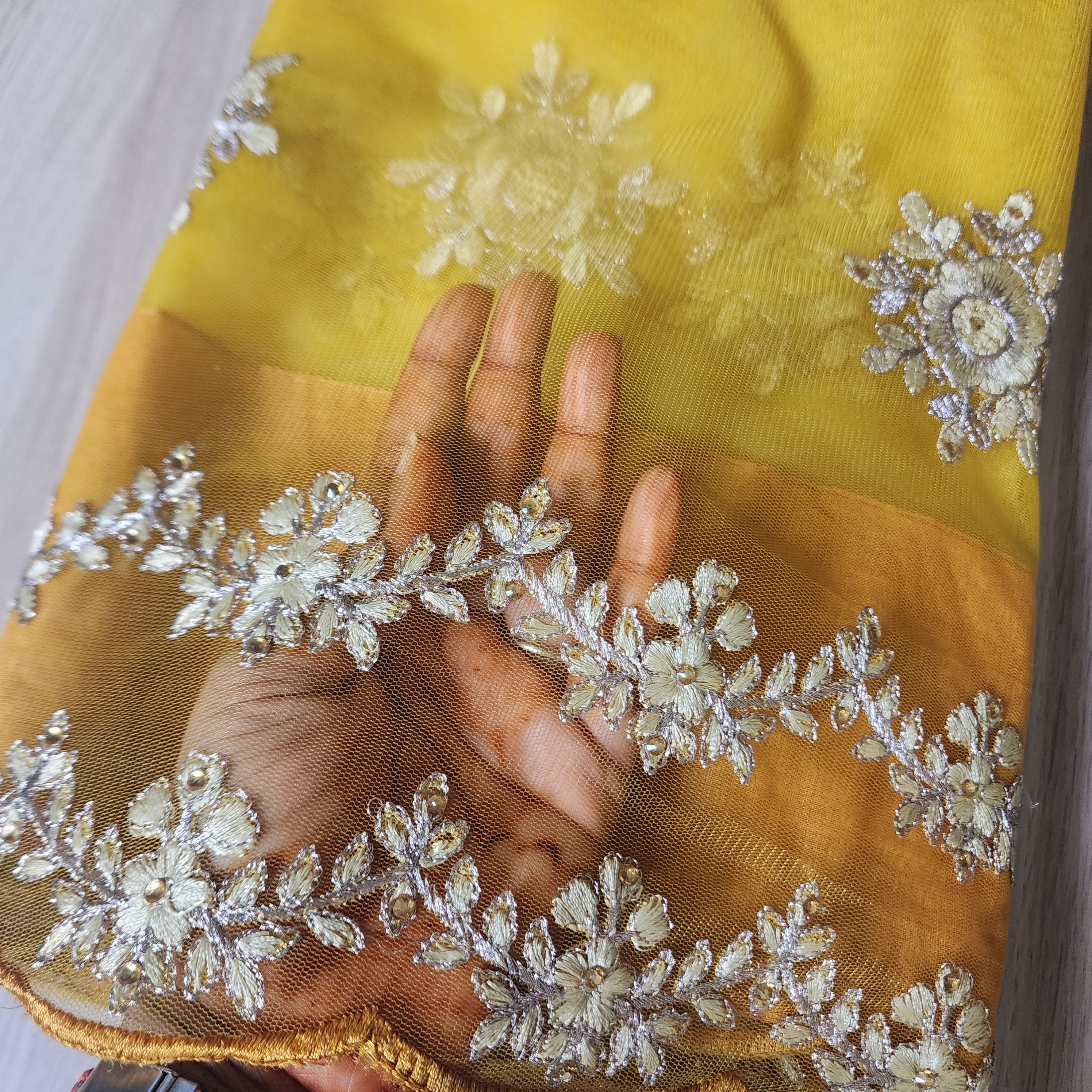 Embroidered Net Designer Saree in Bright Yellow and Orange Shade