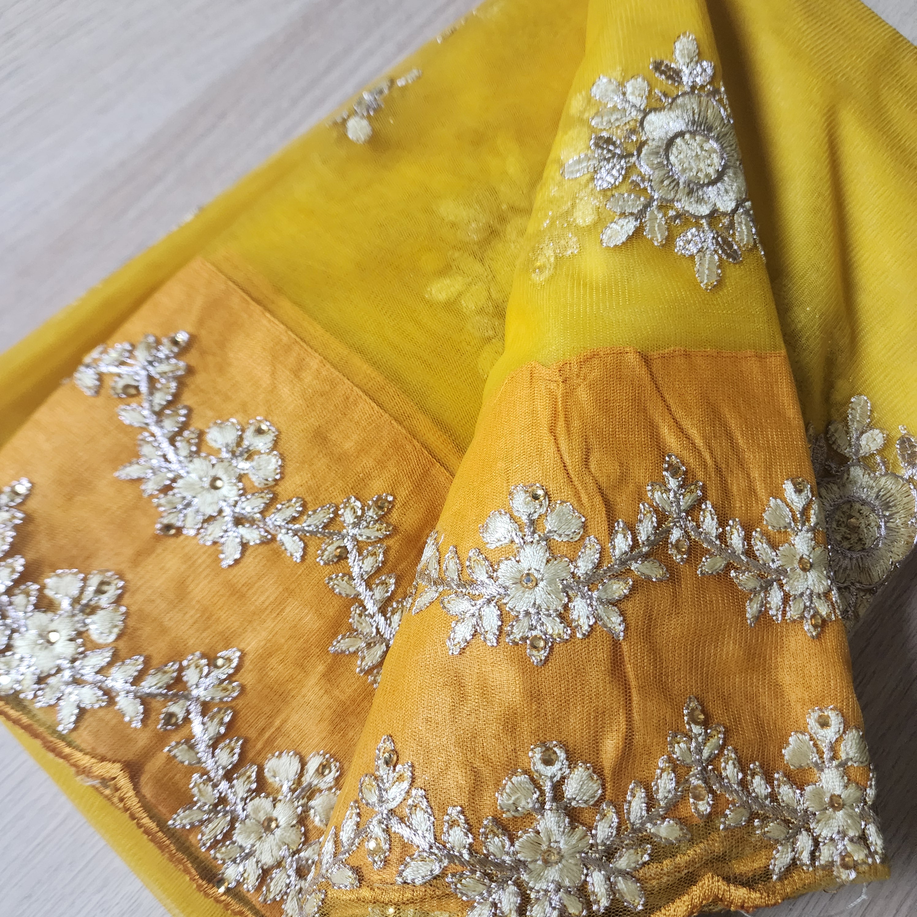 Embroidered Net Designer Saree in Bright Yellow and Orange Shade