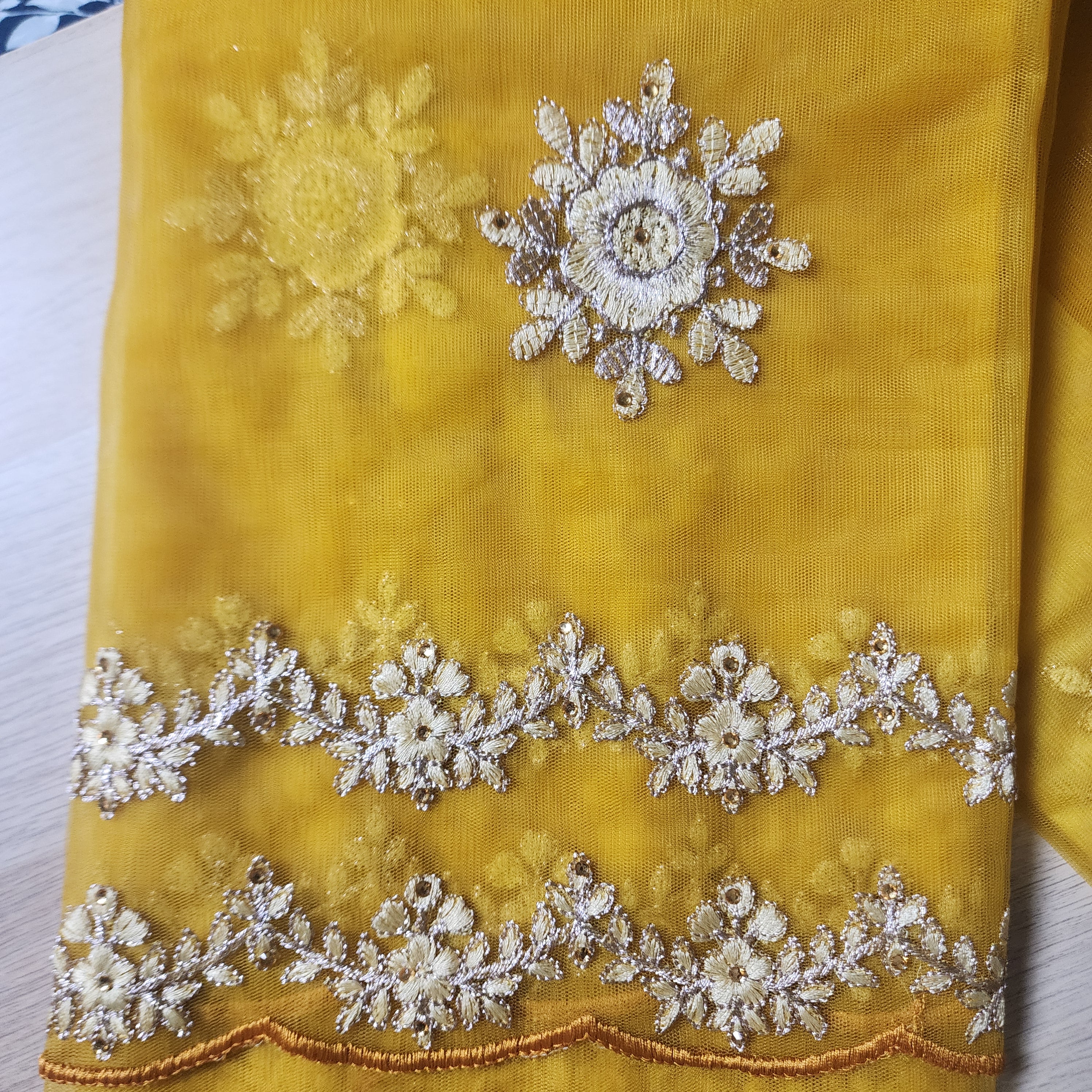 Embroidered Net Designer Saree in Bright Yellow and Orange Shade