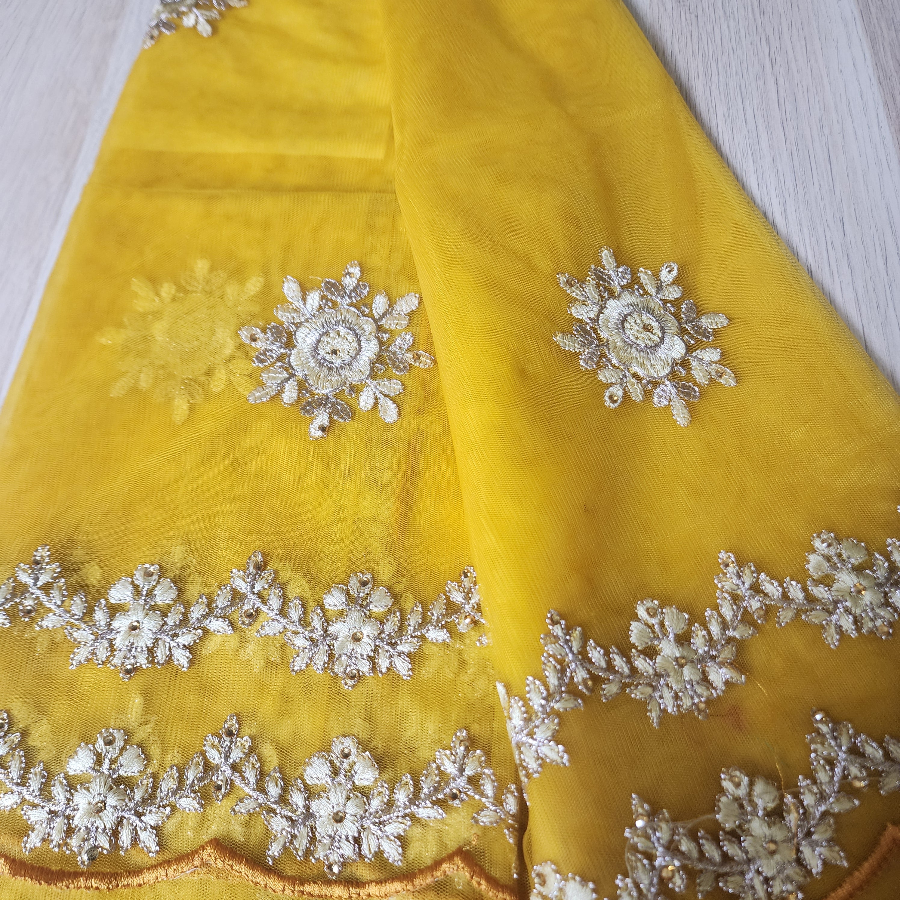 Embroidered Net Designer Saree in Bright Yellow and Orange Shade