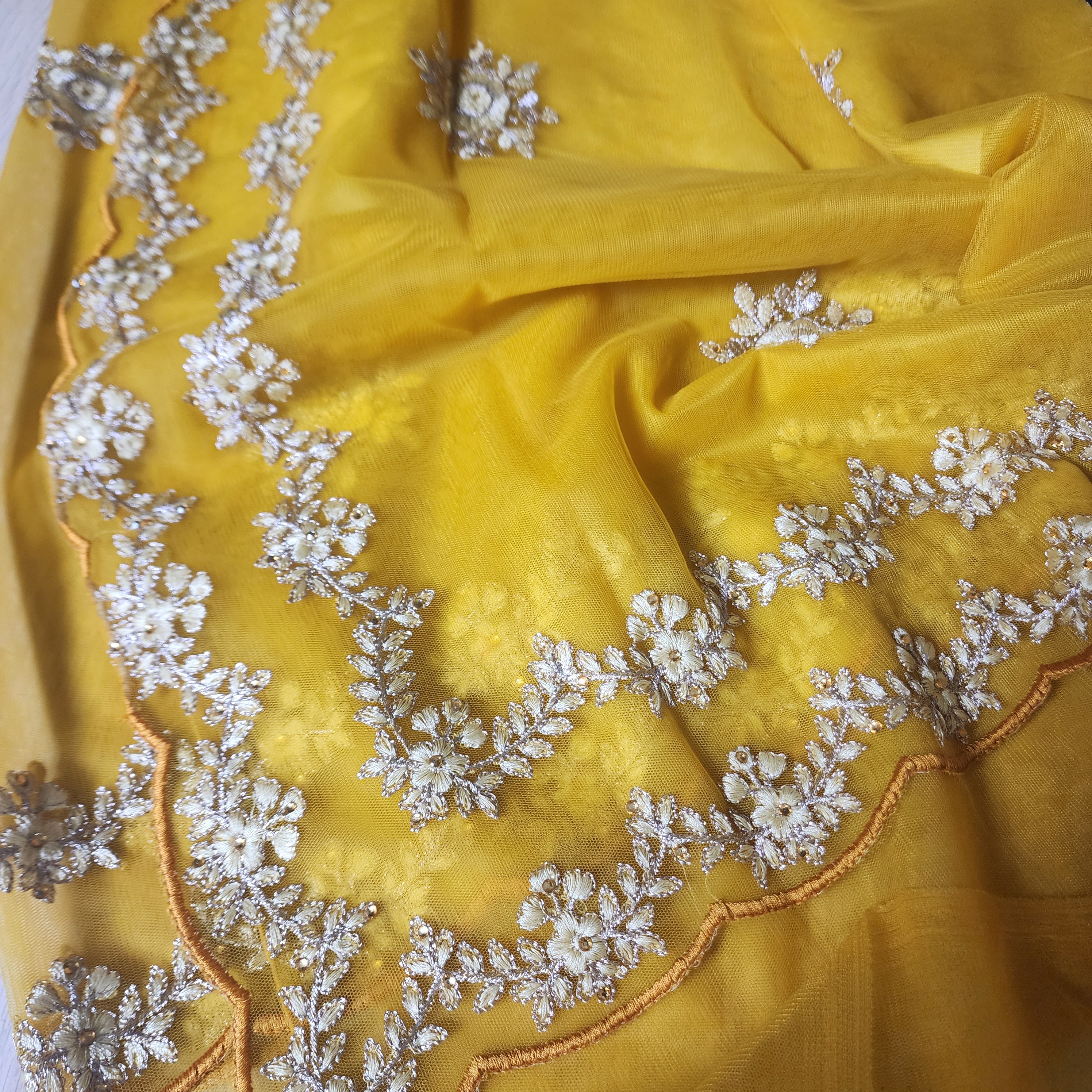 Embroidered Net Designer Saree in Bright Yellow and Orange Shade