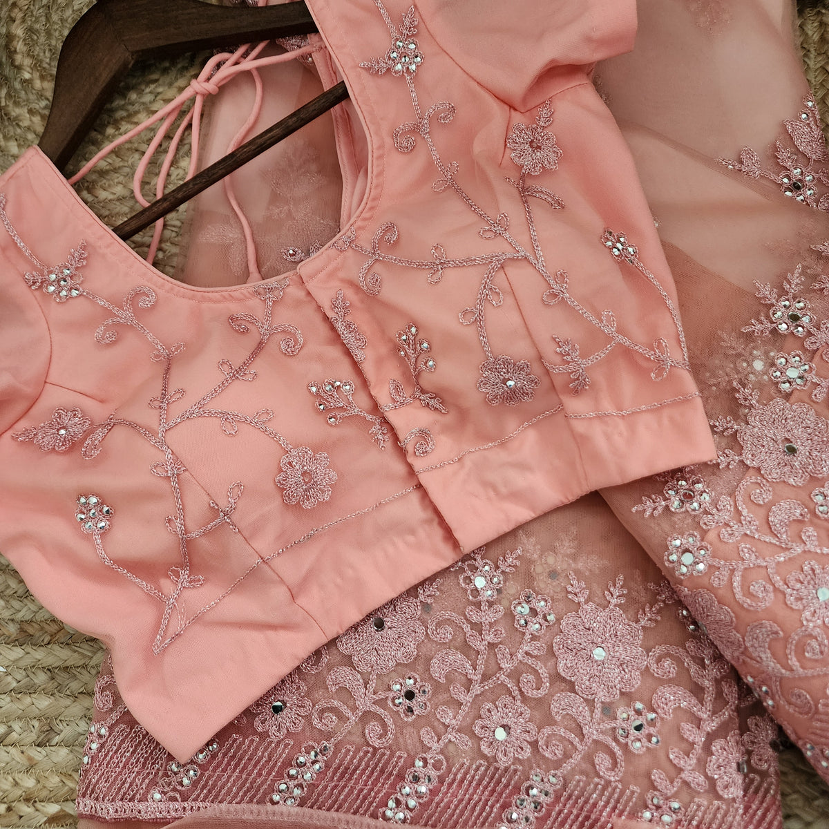 Dusty Rose Sequined Floral Embroidered Designer Net Saree with Readymade Blouse