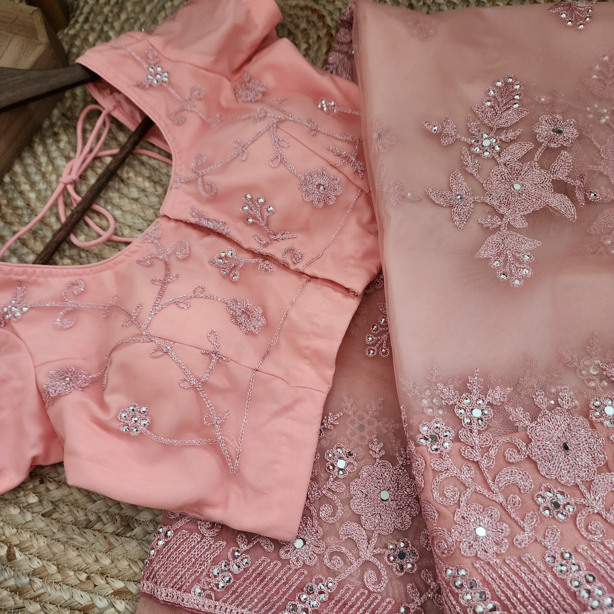Dusty Rose Sequined Floral Embroidered Designer Net Saree with Readymade Blouse