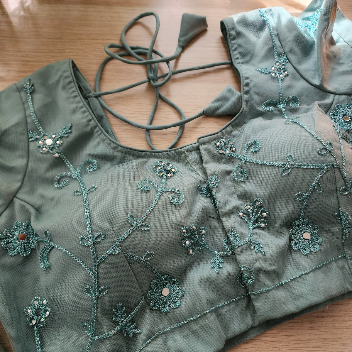Pearl Grey Sequined Floral Embroidered Designer Net Saree with Readymade Blouse