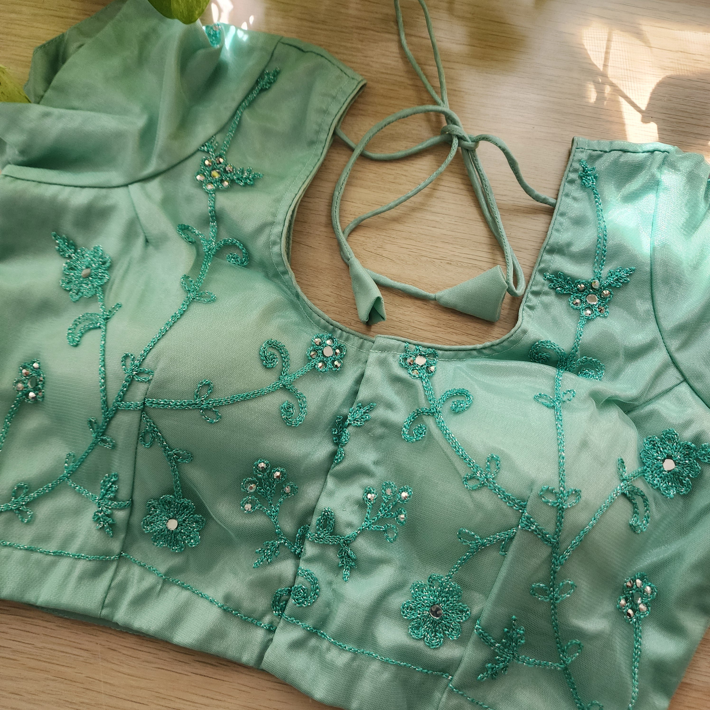 Mint Aqua Sequined Floral Embroidered Designer Net Saree with Readymade Blouse