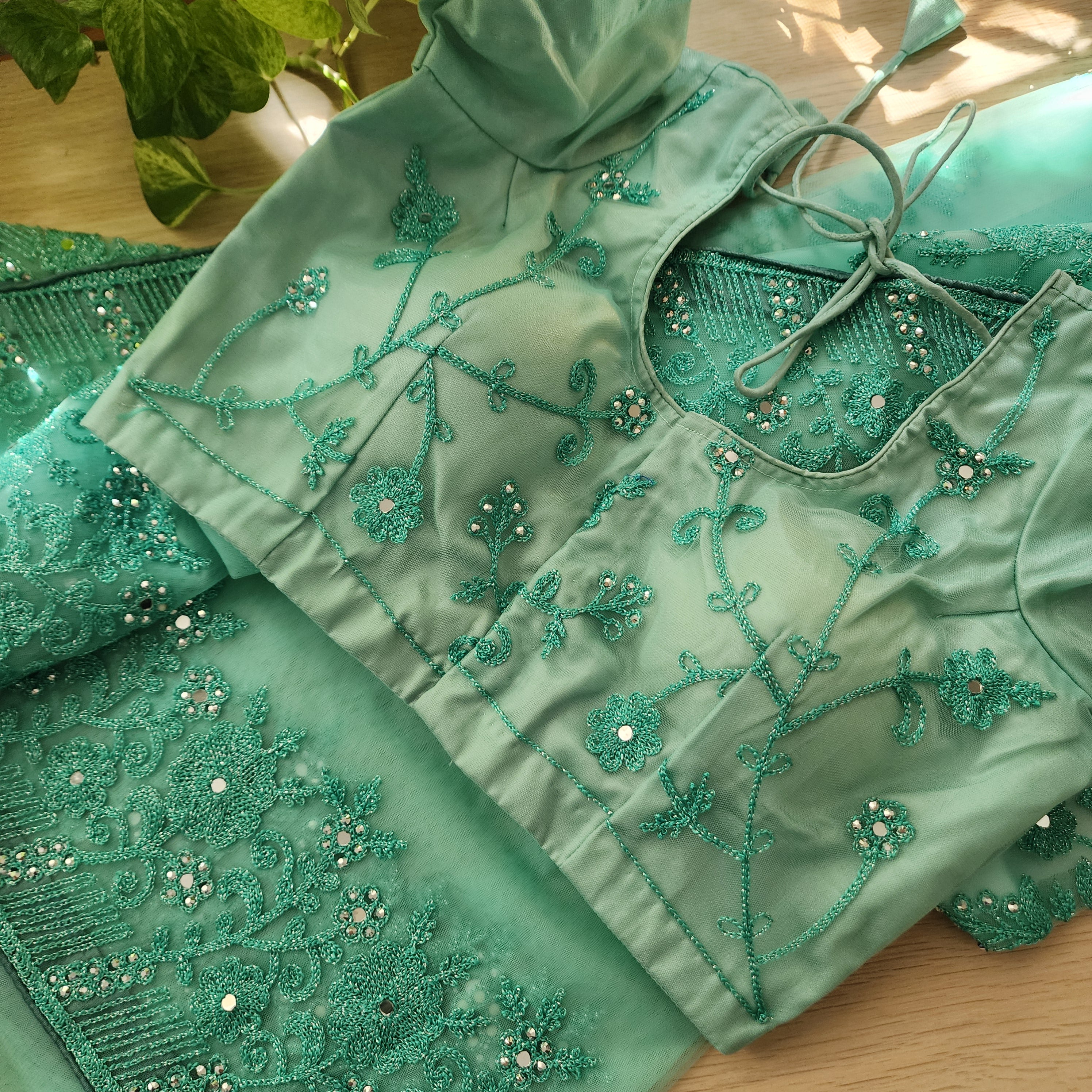 Mint Aqua Sequined Floral Embroidered Designer Net Saree with Readymade Blouse