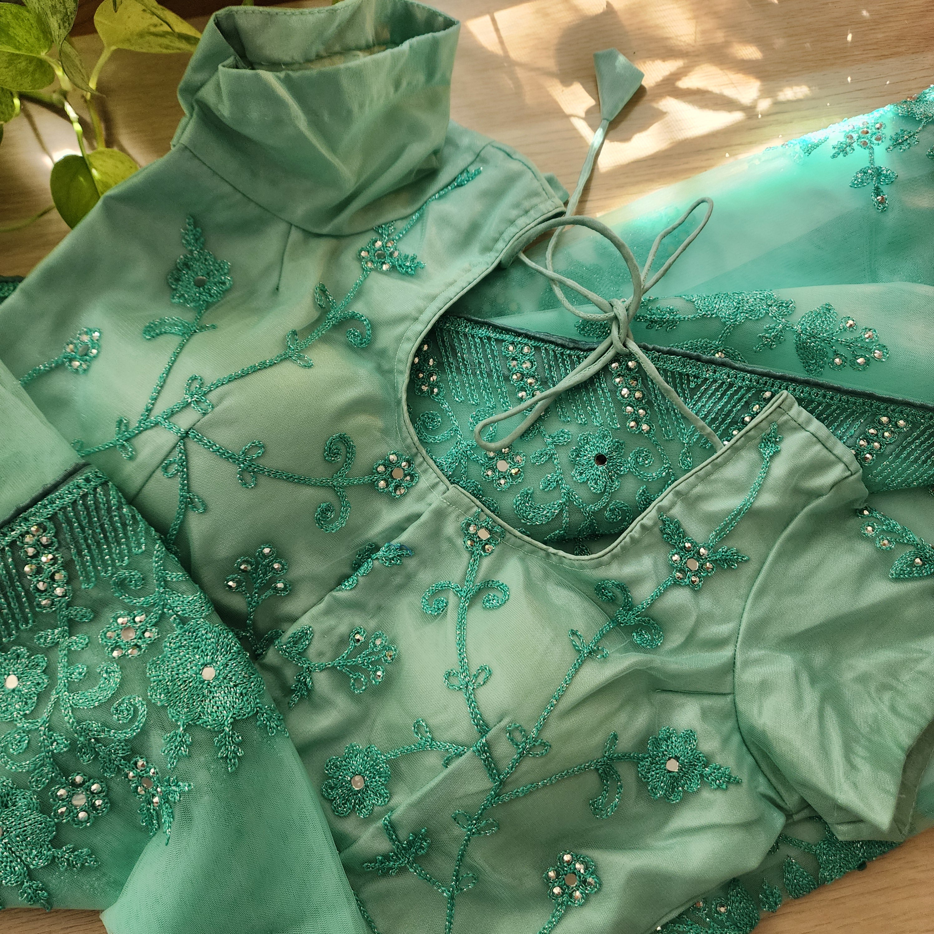 Mint Aqua Sequined Floral Embroidered Designer Net Saree with Readymade Blouse