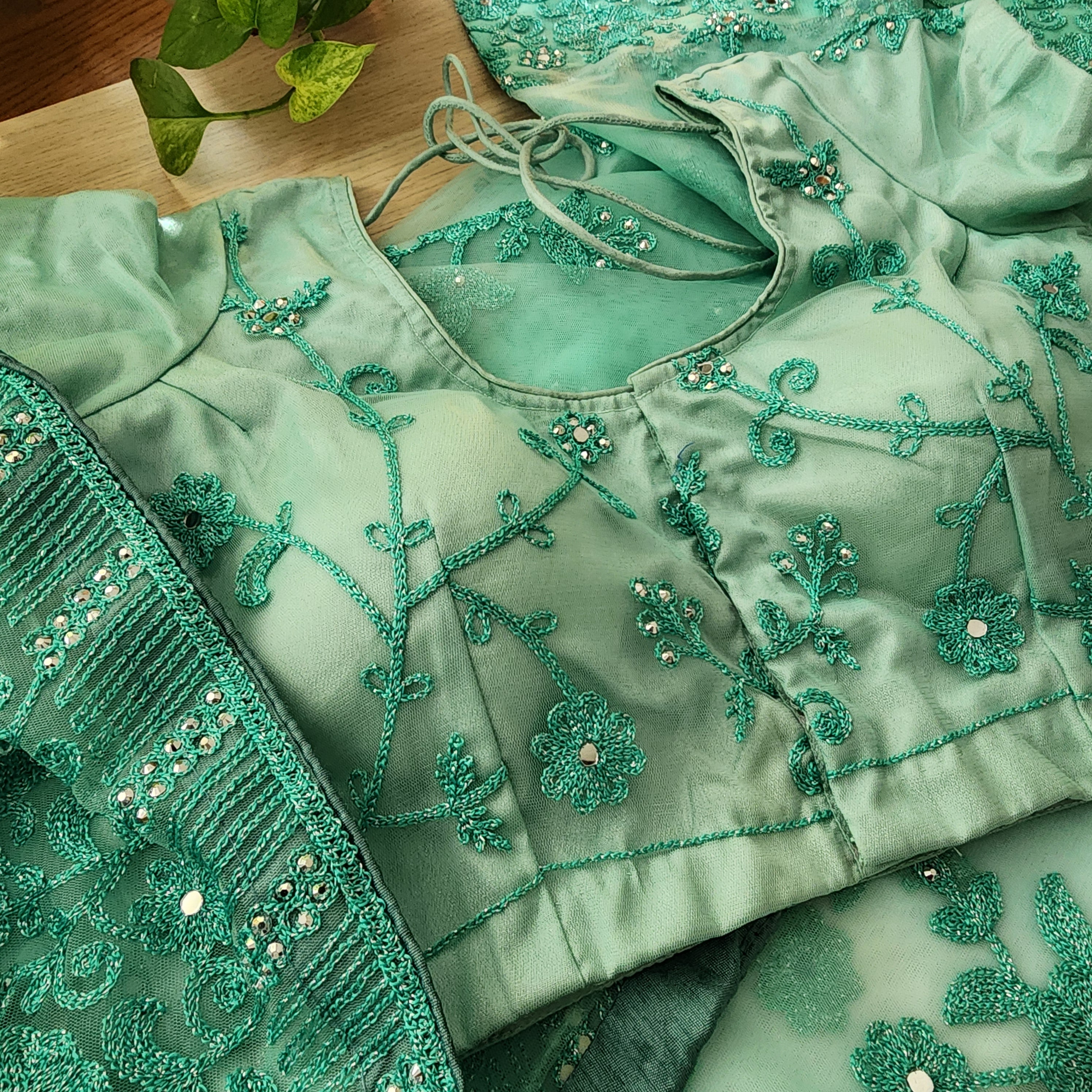 Mint Aqua Sequined Floral Embroidered Designer Net Saree with Readymade Blouse