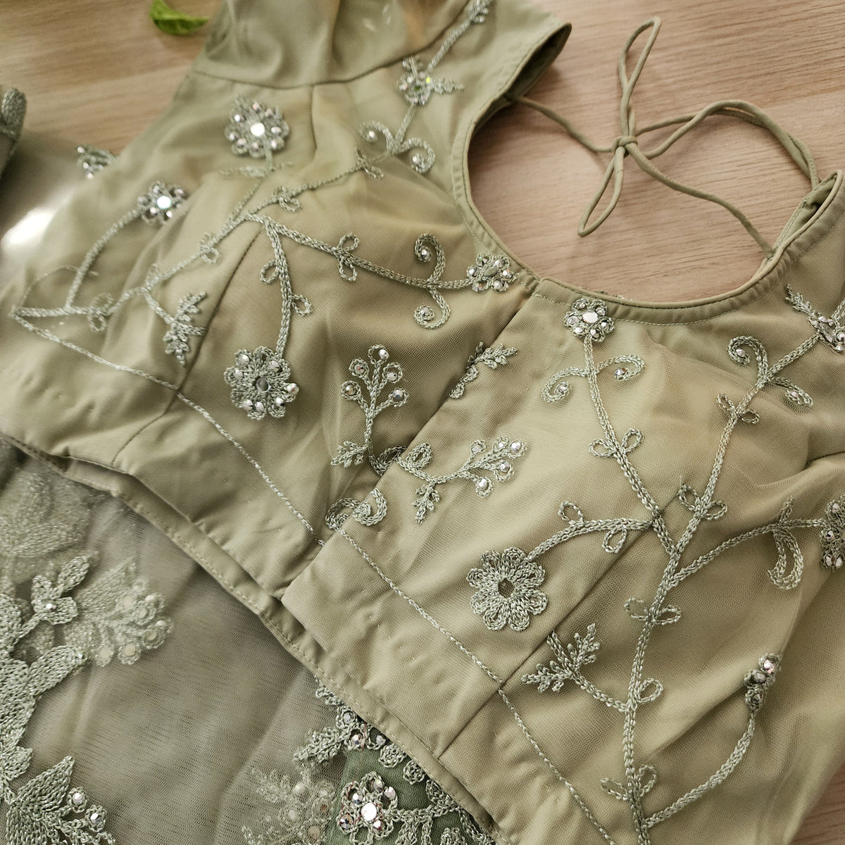 Sage Green Sequined Floral Embroidered Designer Net Saree with Readymade Blouse