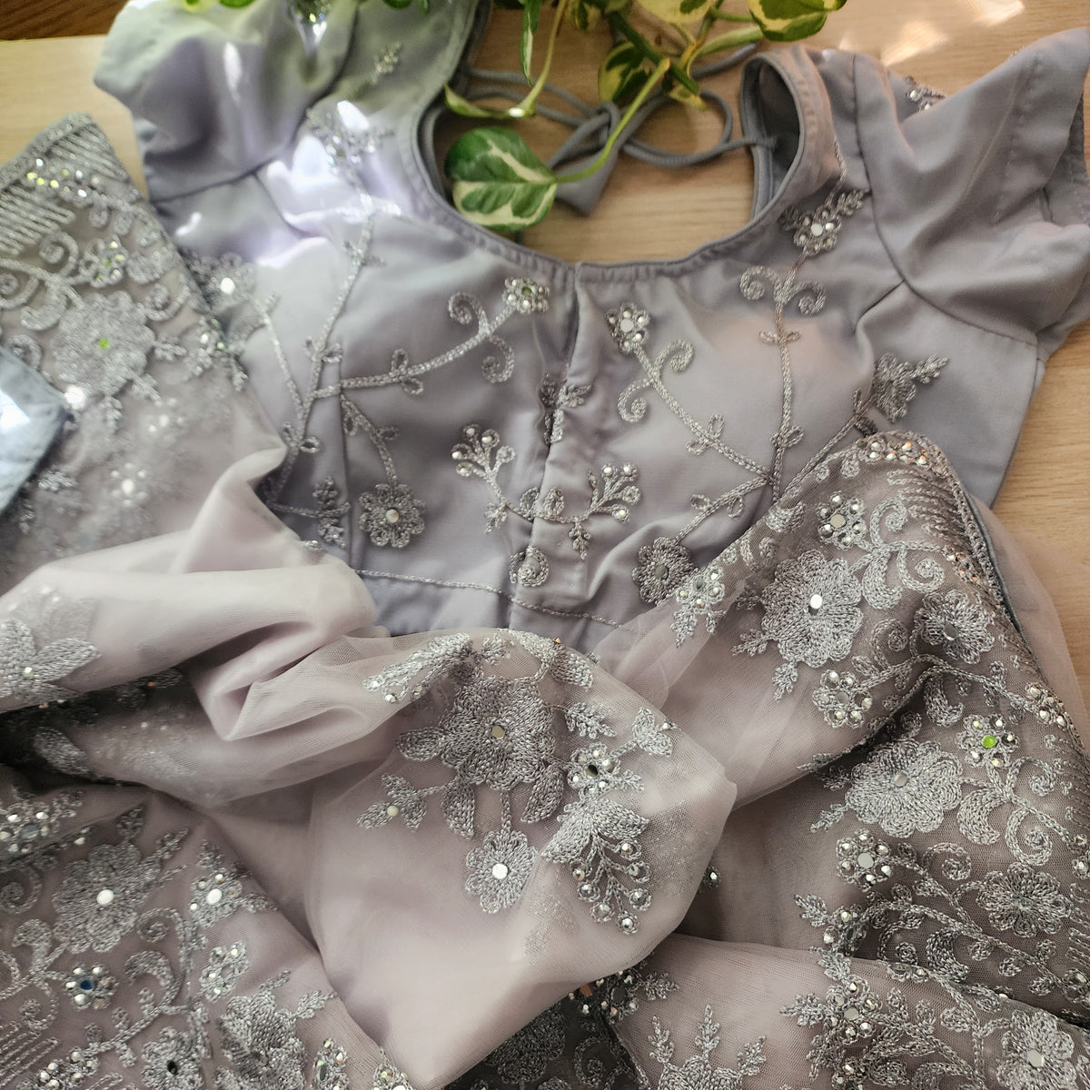 Pearl Grey Sequined Floral Embroidered Designer Net Saree with Readymade Blouse