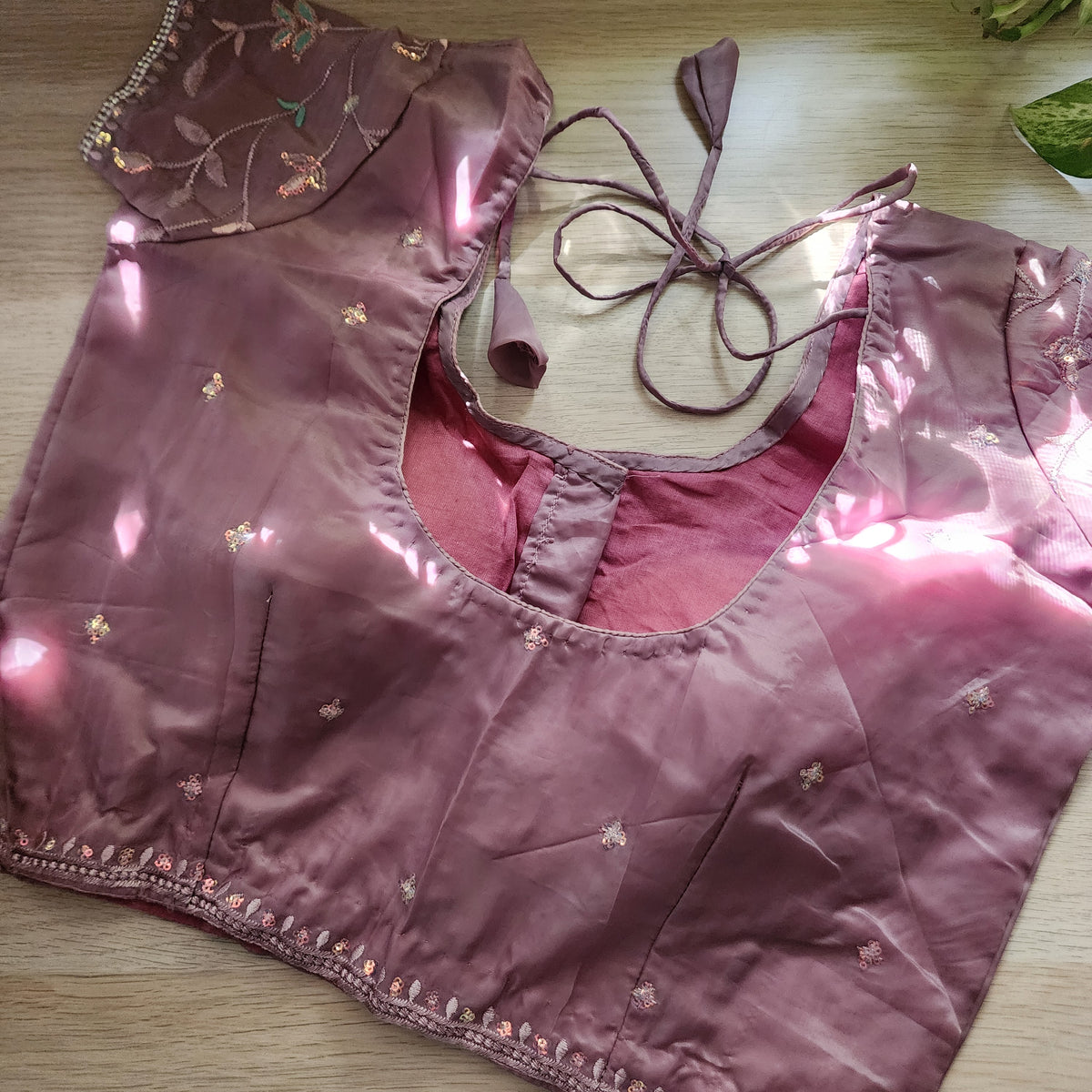 Smoky Taupe Willow Vine Designer Tissue Saree with Rhinestone Work and Stitched Blouse