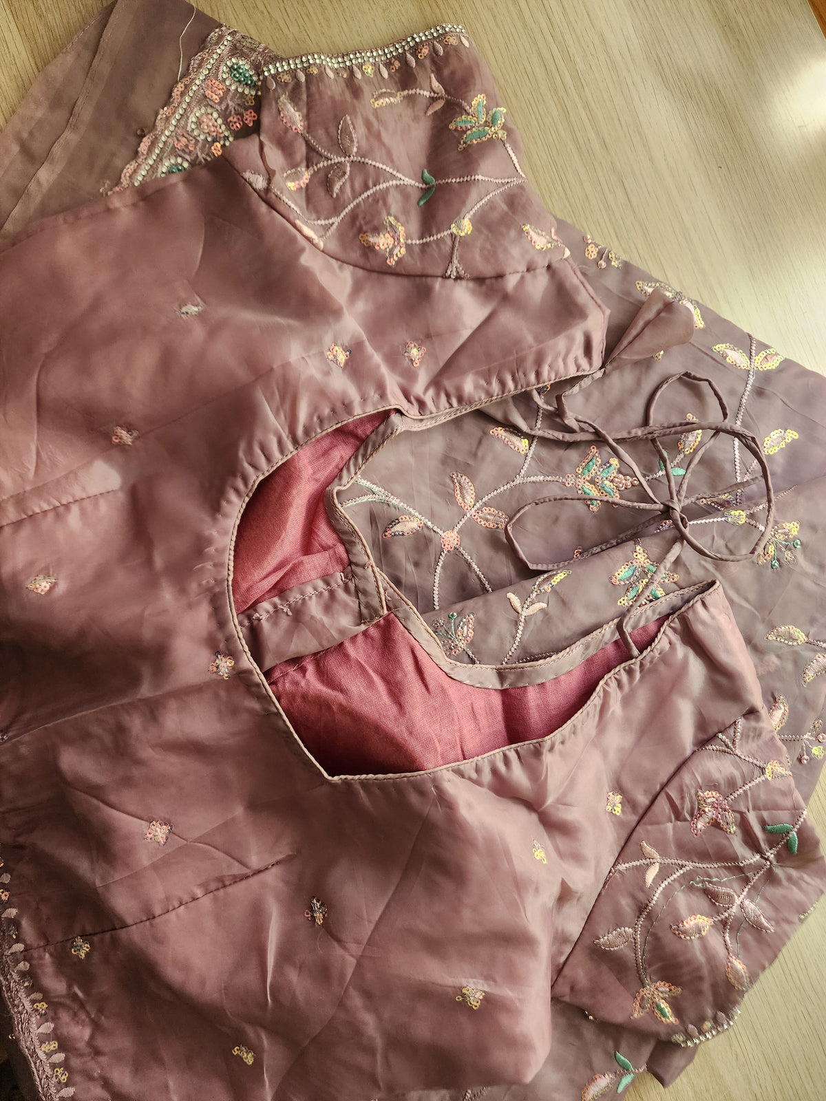 Rose Pink Willow Vine Designer Tissue Saree with Rhinestone Work and Stitched Blouse