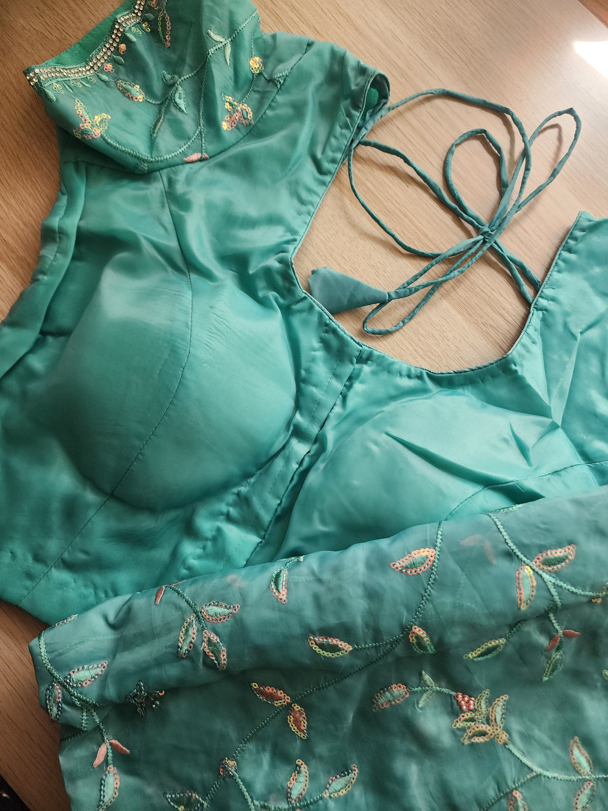 Sky Blue Willow Vine Designer Tissue Saree with Rhinestone Work and Stitched Blouse