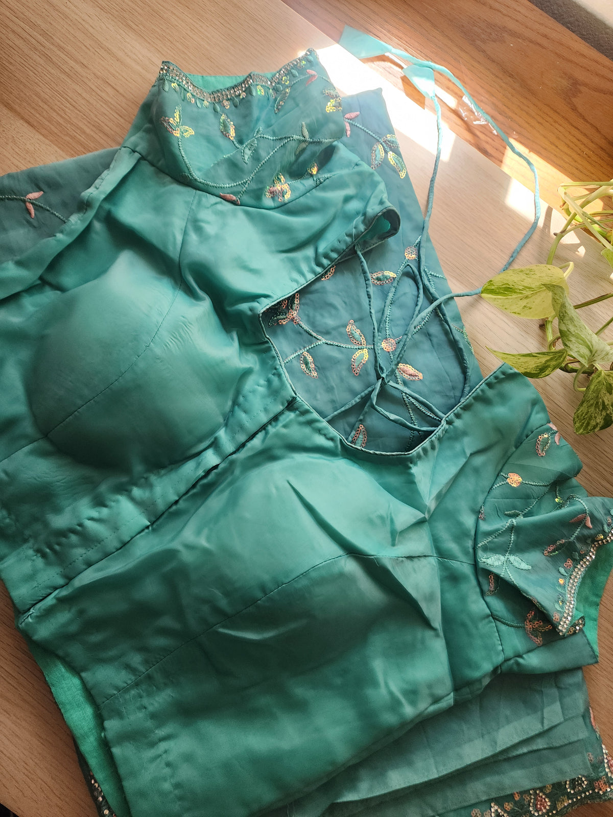 Sky Blue Willow Vine Designer Tissue Saree with Rhinestone Work and Stitched Blouse
