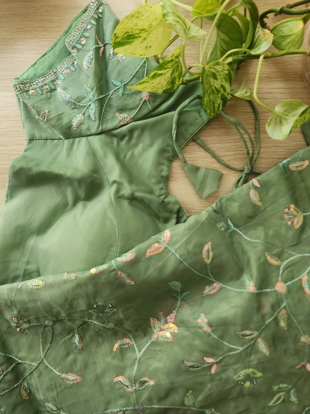 Seafoam Green Willow Vine Designer Tissue Saree with Rhinestone Work and Stitched Blouse