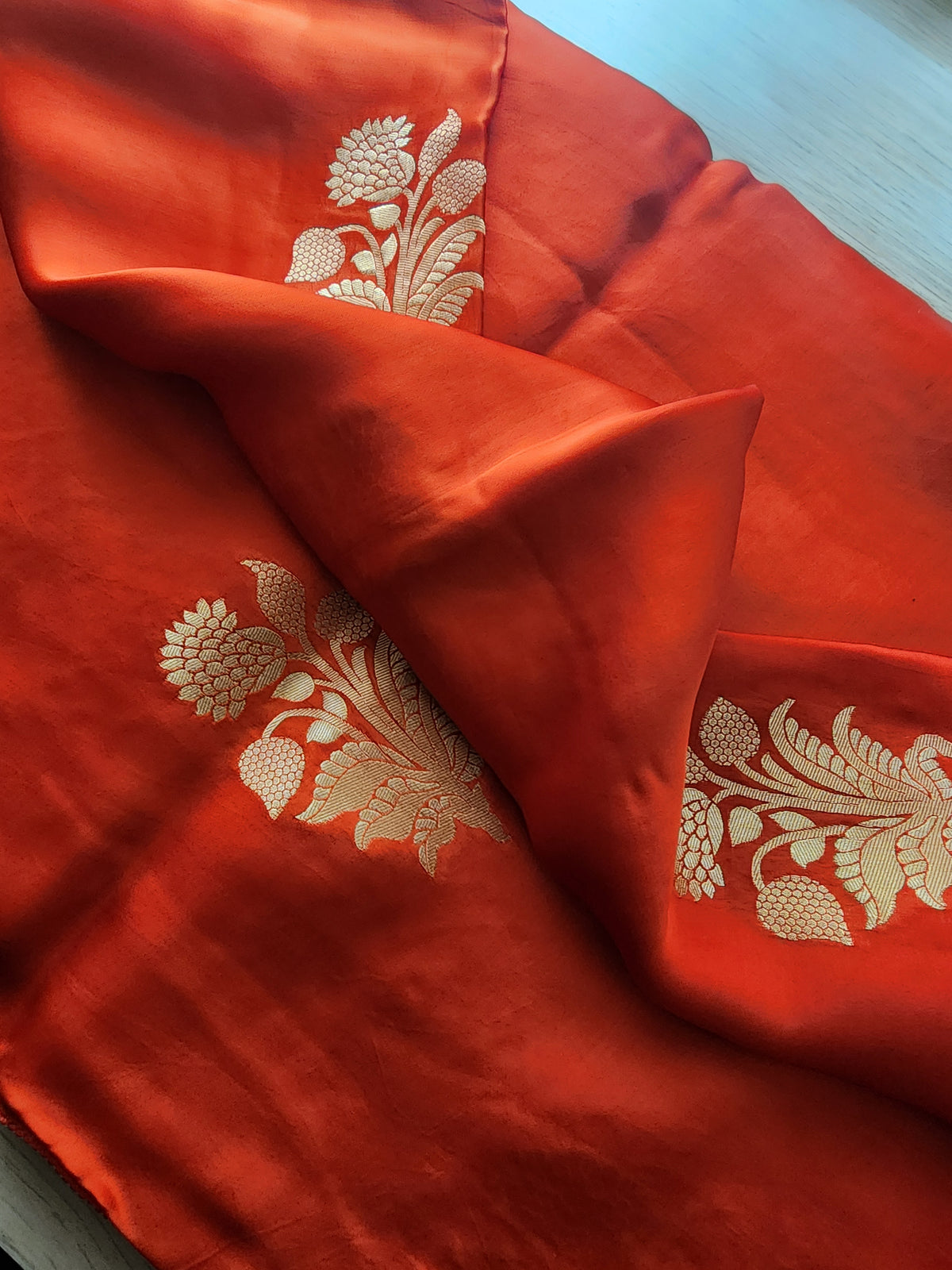 Burnt Orange Crepe Silk Saree with Gold Zari Border