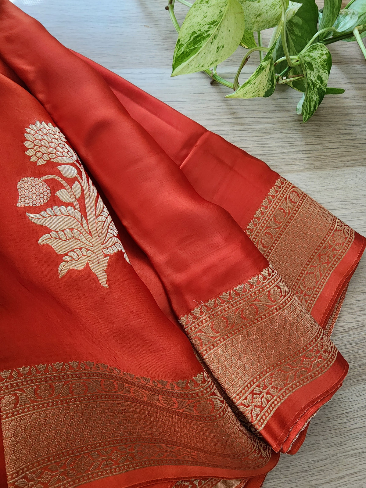 Burnt Orange Crepe Silk Saree with Gold Zari Border