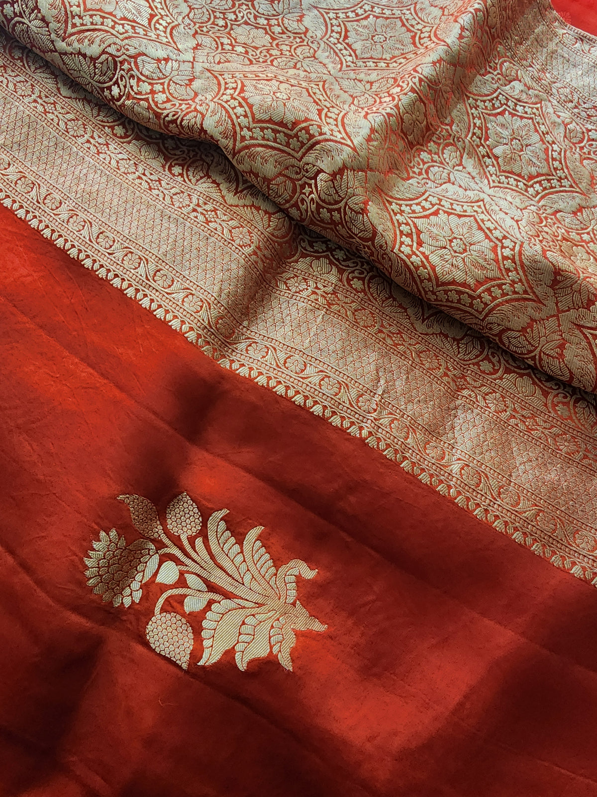 Burnt Orange Crepe Silk Saree with Gold Zari Border