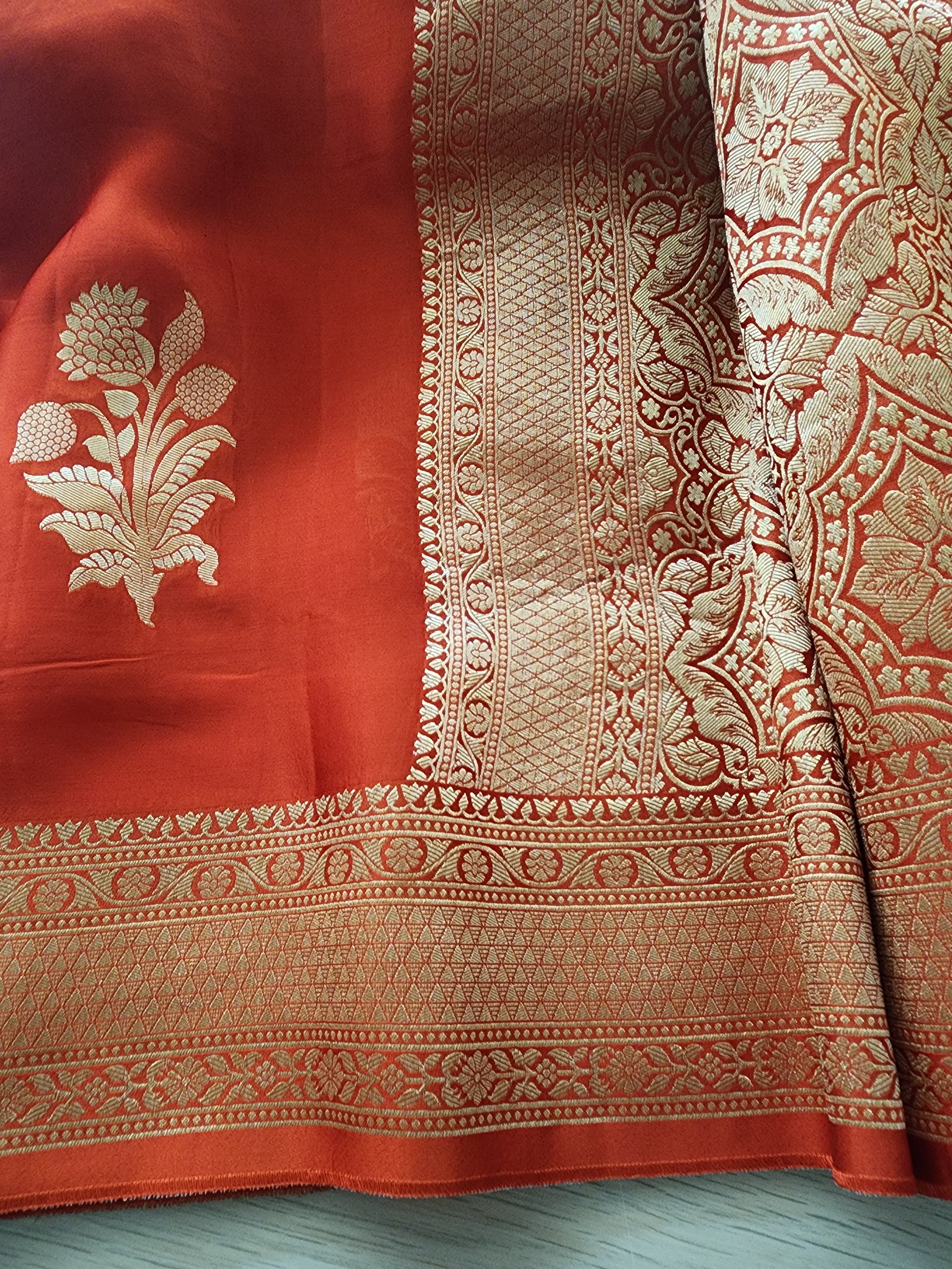 Burnt Orange Crepe Silk Saree with Gold Zari Border