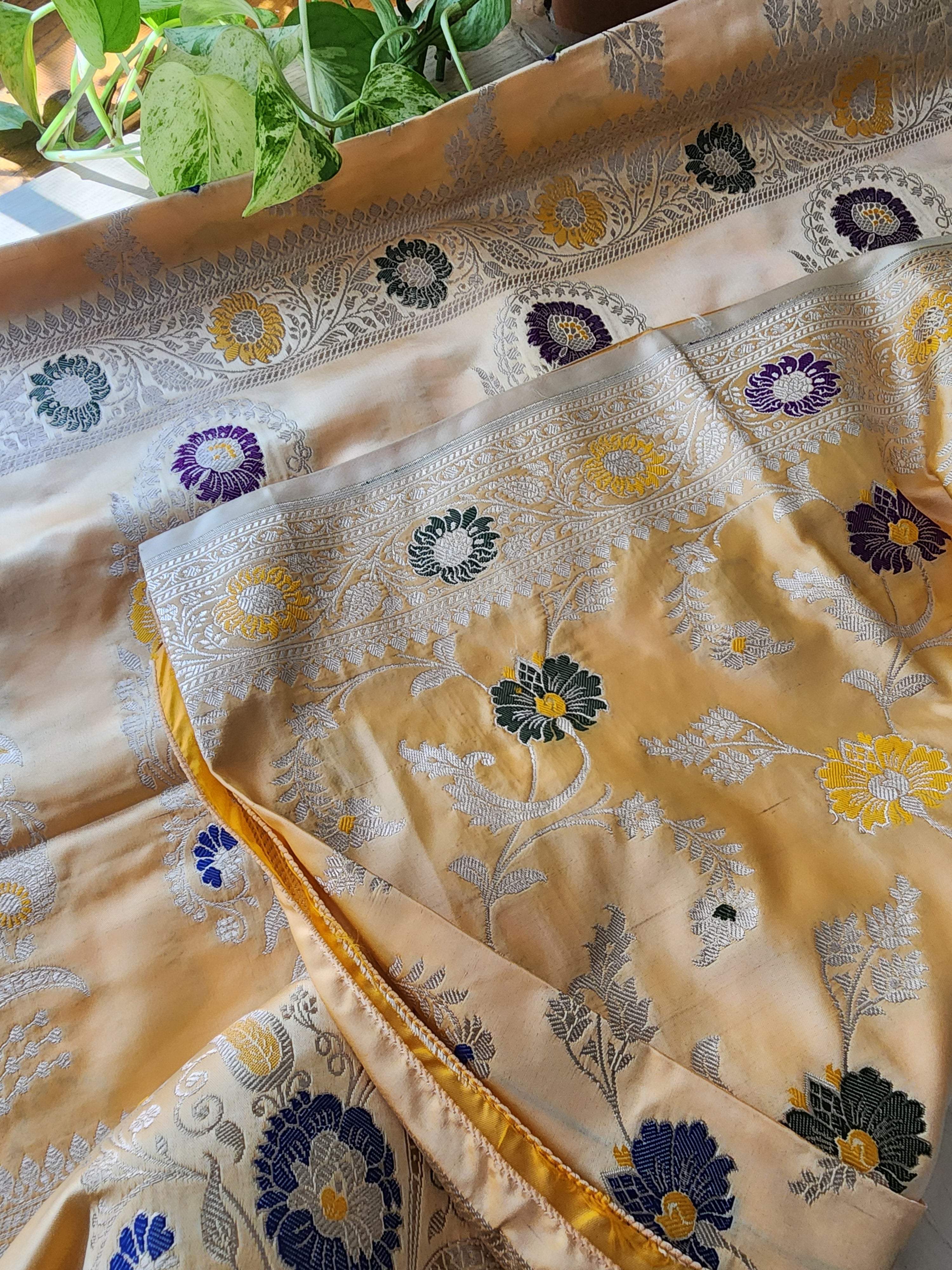Enriched Banarasi Katan Silk Saree | Soft Peach Multicolor Meenakari Floral Jaal