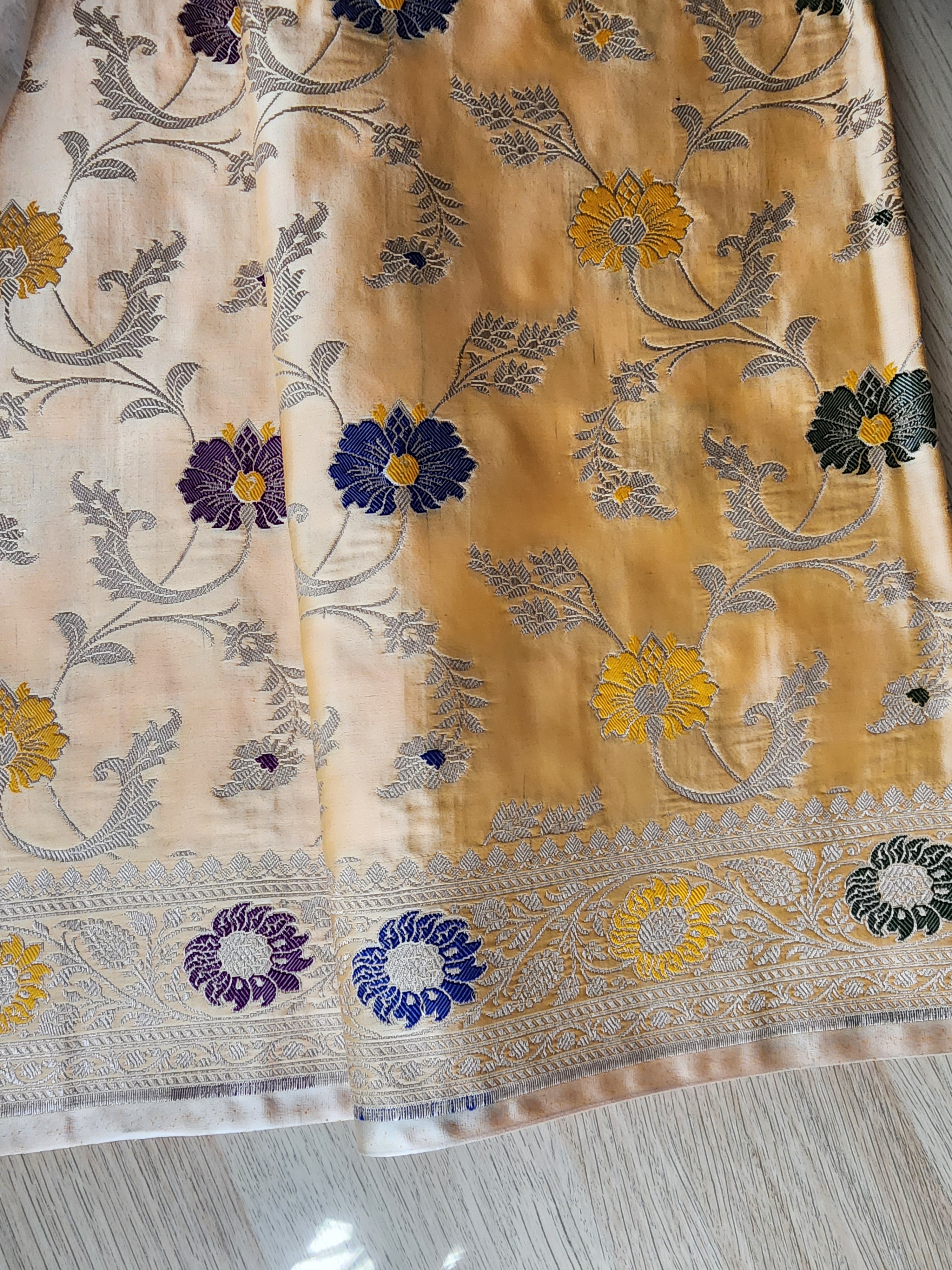 Enriched Banarasi Katan Silk Saree | Soft Peach Multicolor Meenakari Floral Jaal