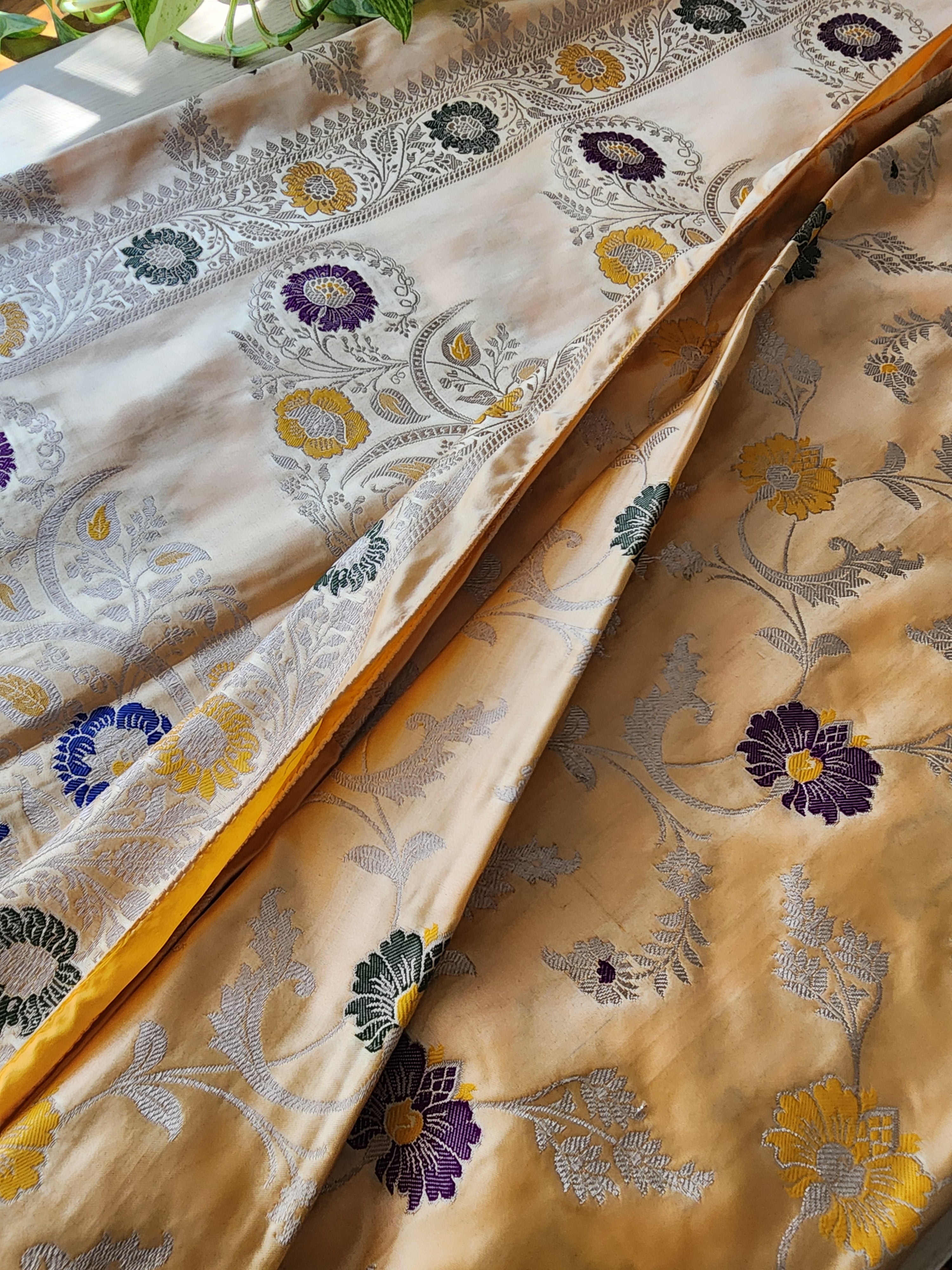 Enriched Banarasi Katan Silk Saree | Soft Peach Multicolor Meenakari Floral Jaal