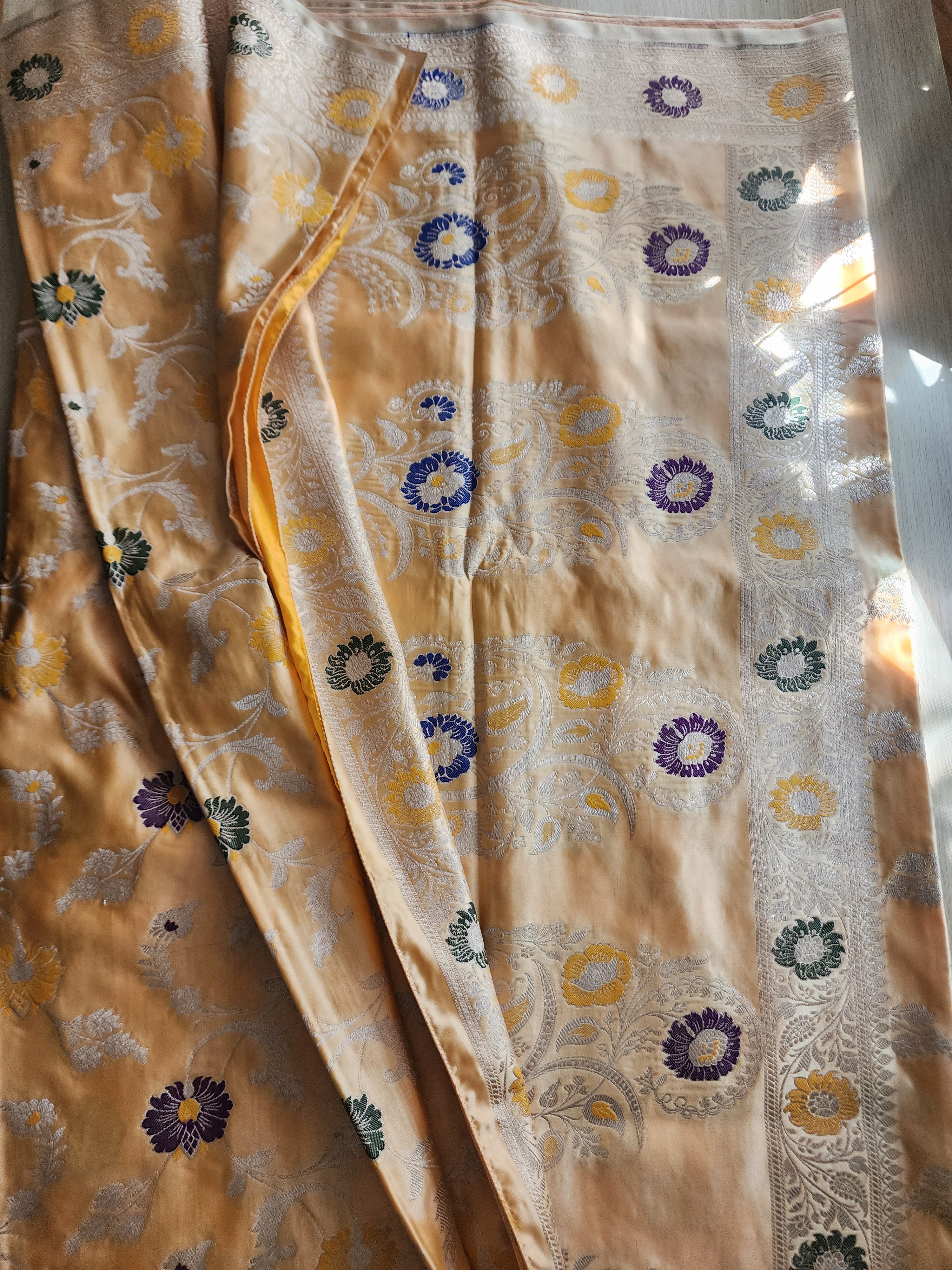Enriched Banarasi Katan Silk Saree | Soft Peach Multicolor Meenakari Floral Jaal