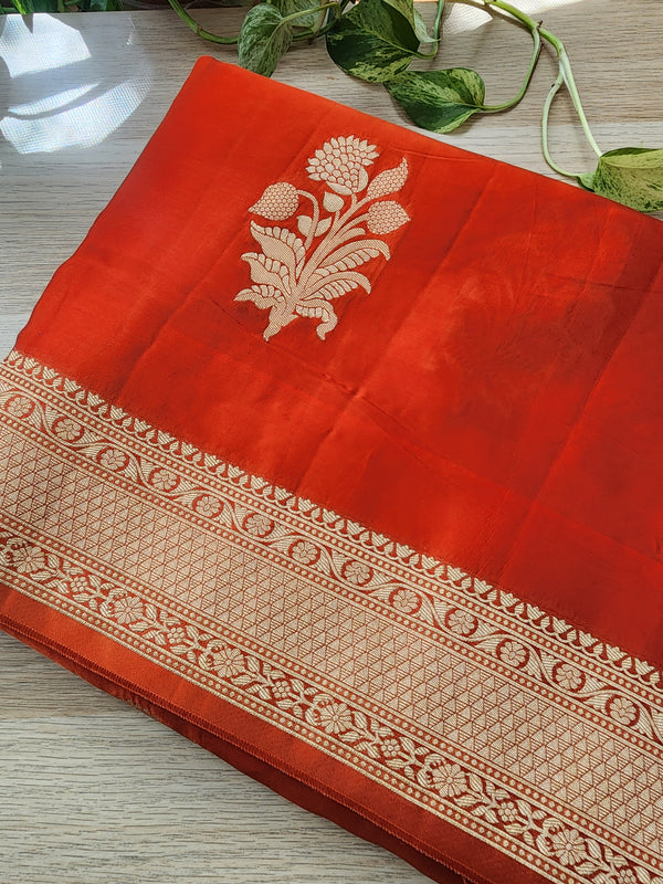 Burnt Orange Crepe Silk Saree with Gold Zari Border