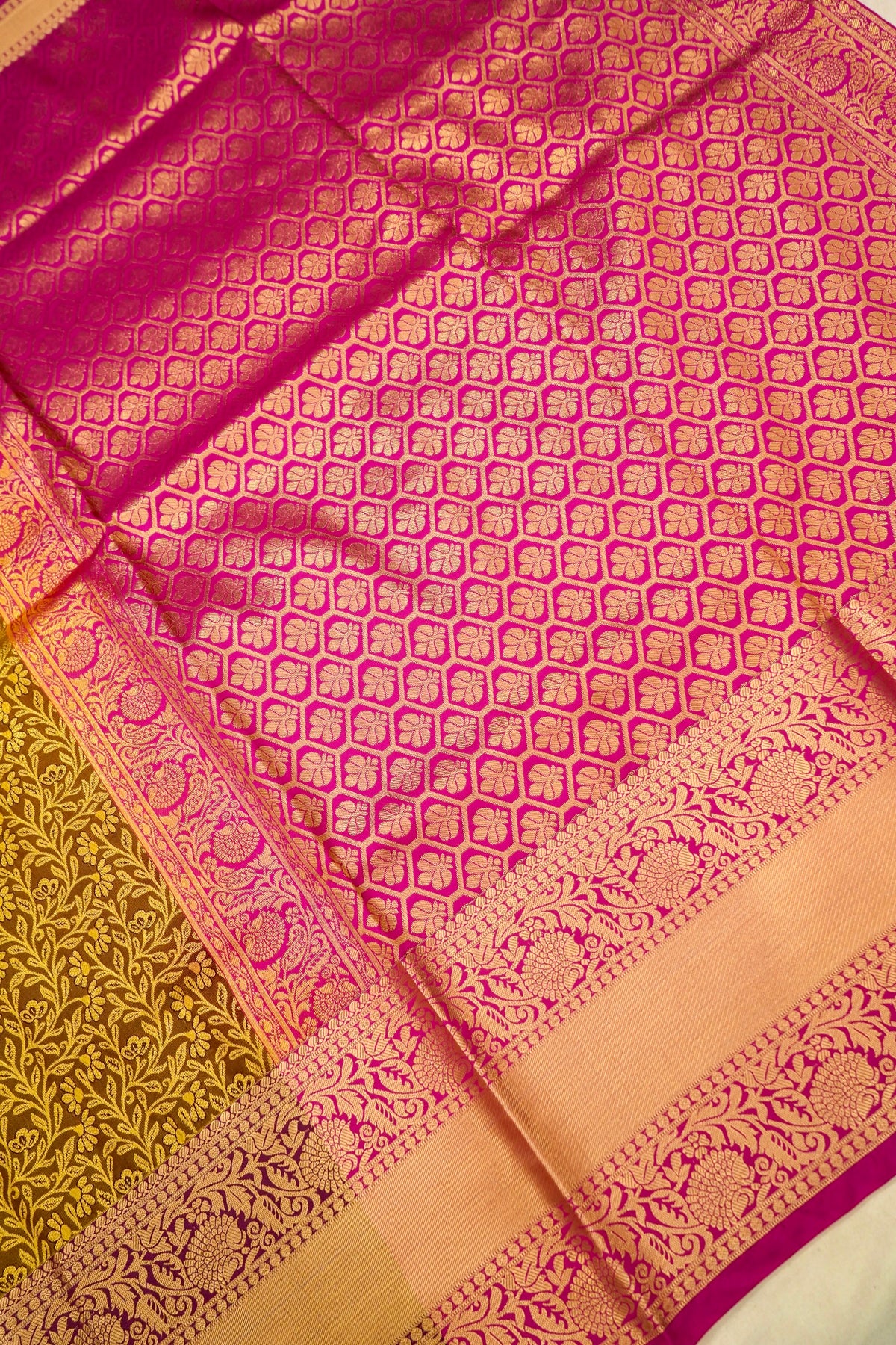 Devyani - Mustard Yellow Kanchi Pattu Silk Saree with Rani Pink Border