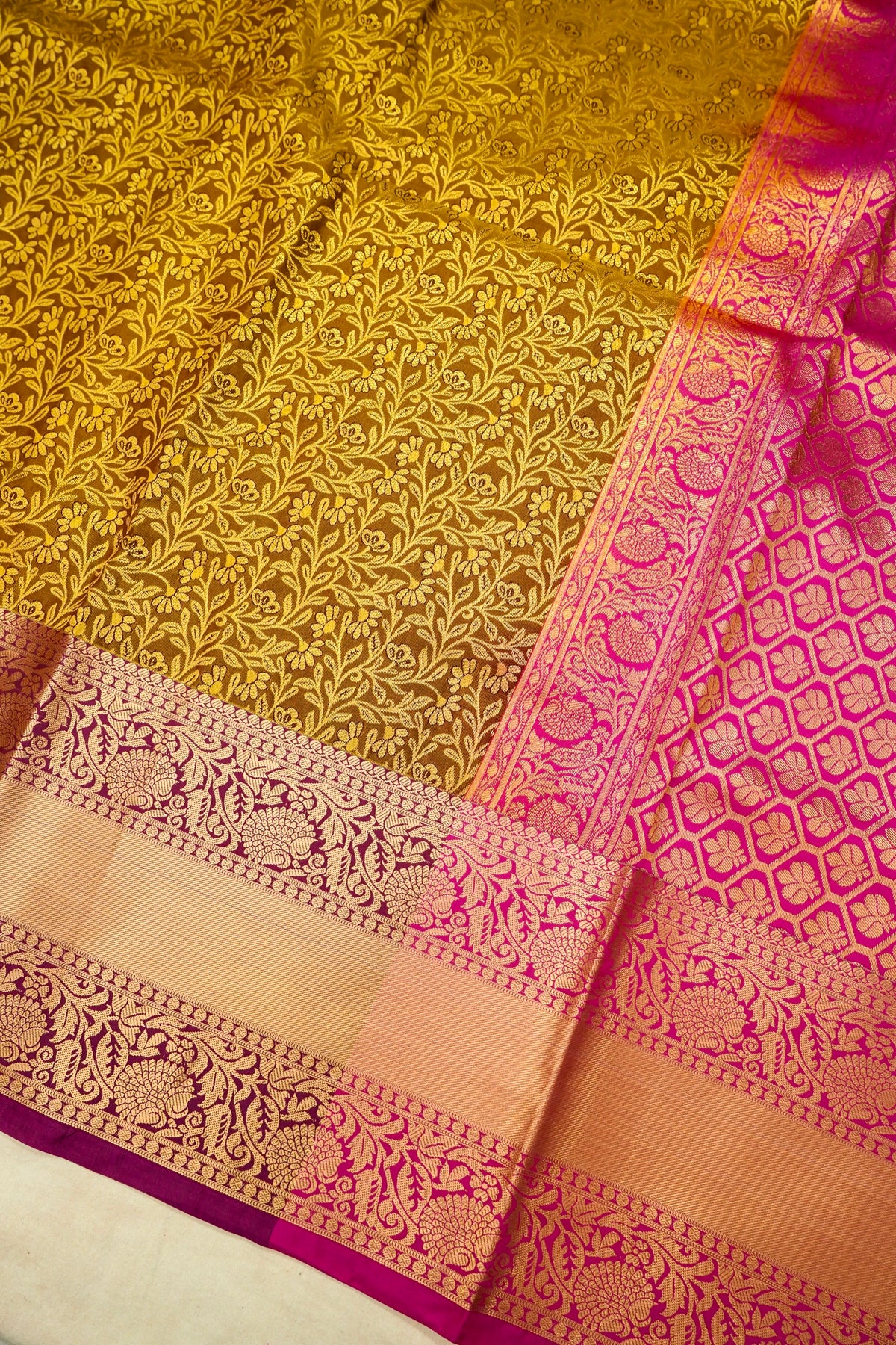 Devyani - Mustard Yellow Kanchi Pattu Silk Saree with Rani Pink Border