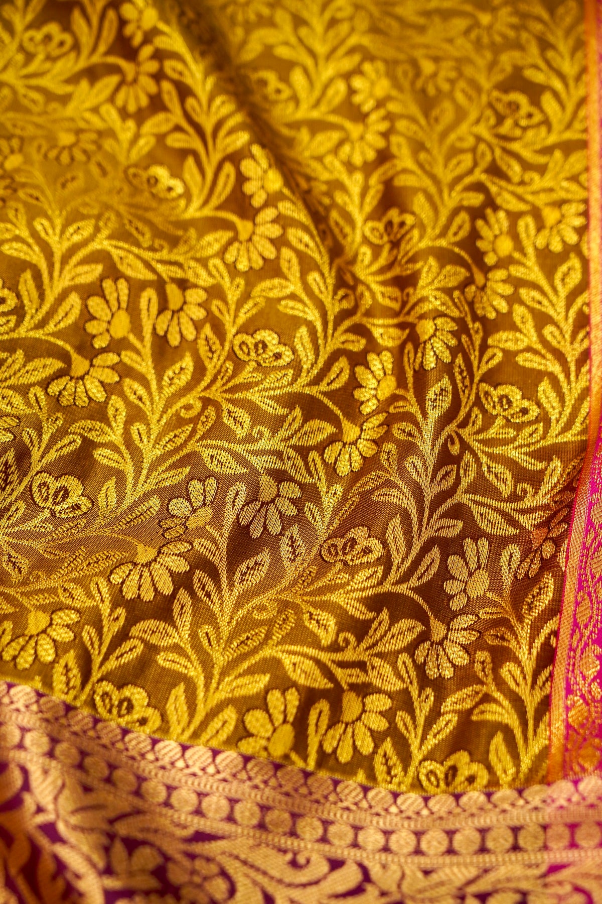 Devyani - Mustard Yellow Kanchi Pattu Silk Saree with Rani Pink Border