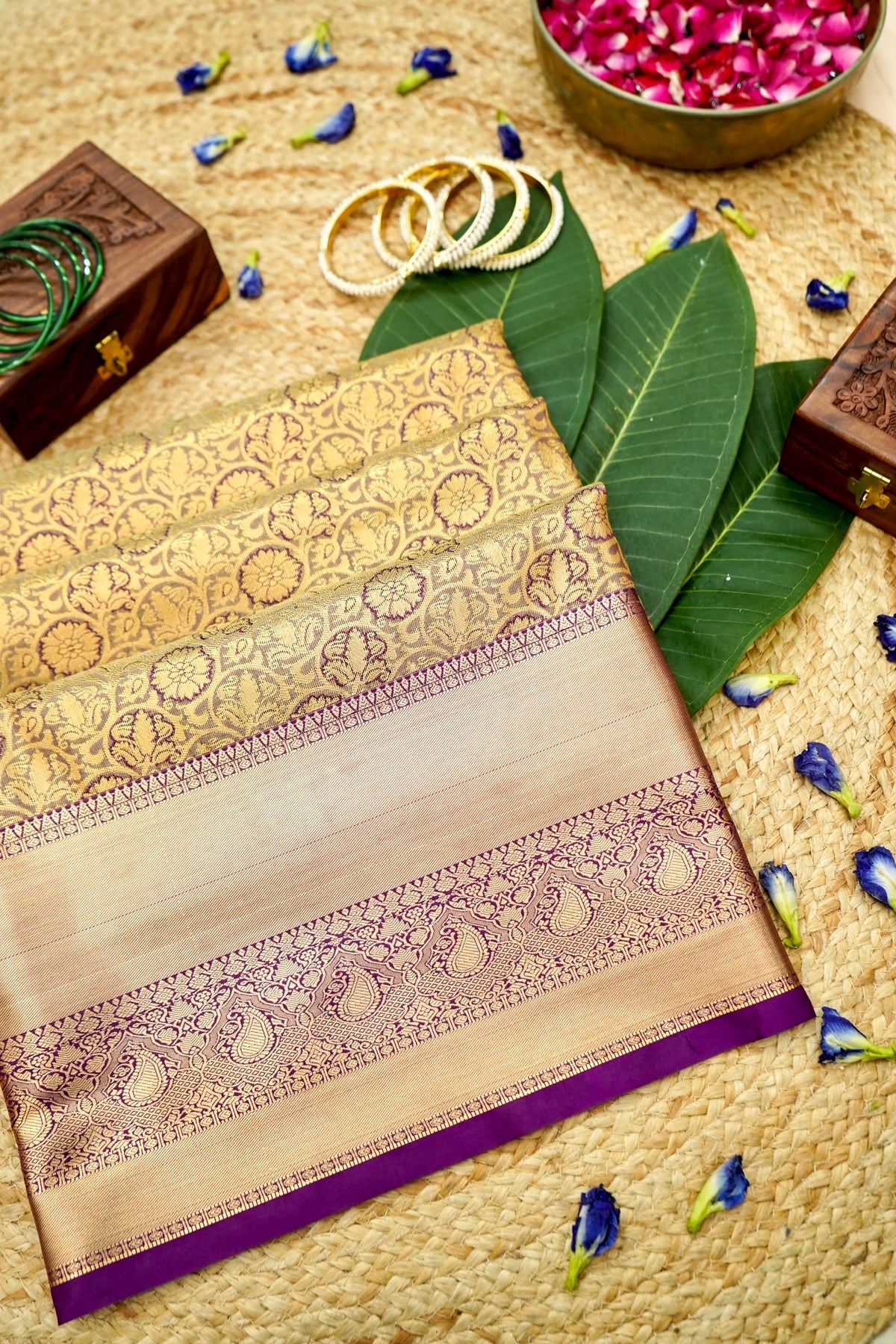 Devyani - Champagne Kanchi Pattu Silk Saree with Purple Border