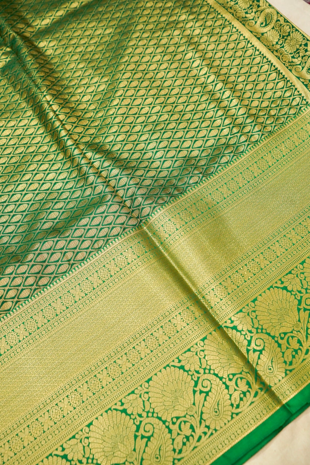 Devyani - Lime Green Kanchi Pattu Silk Saree with Emerald Green Border