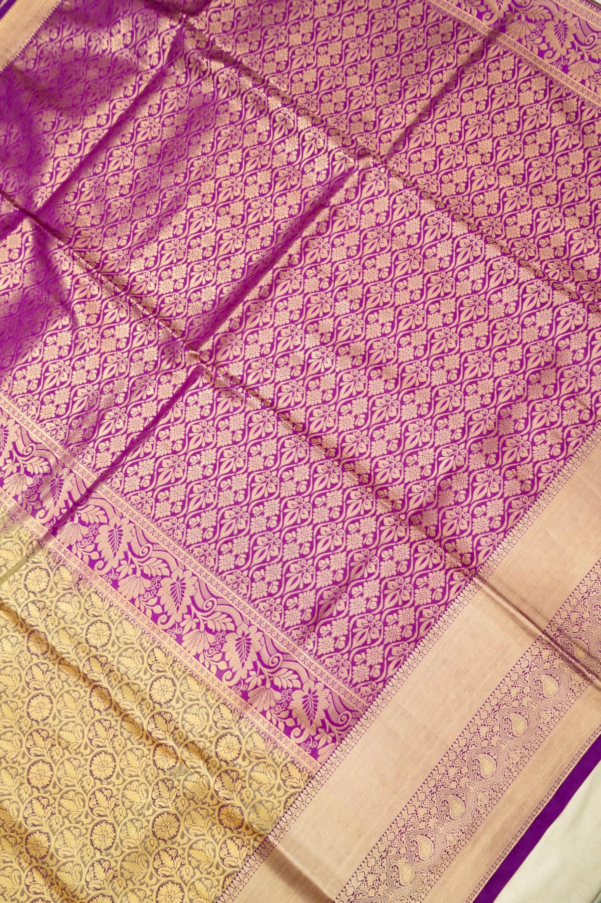 Devyani - Champagne Kanchi Pattu Silk Saree with Purple Border
