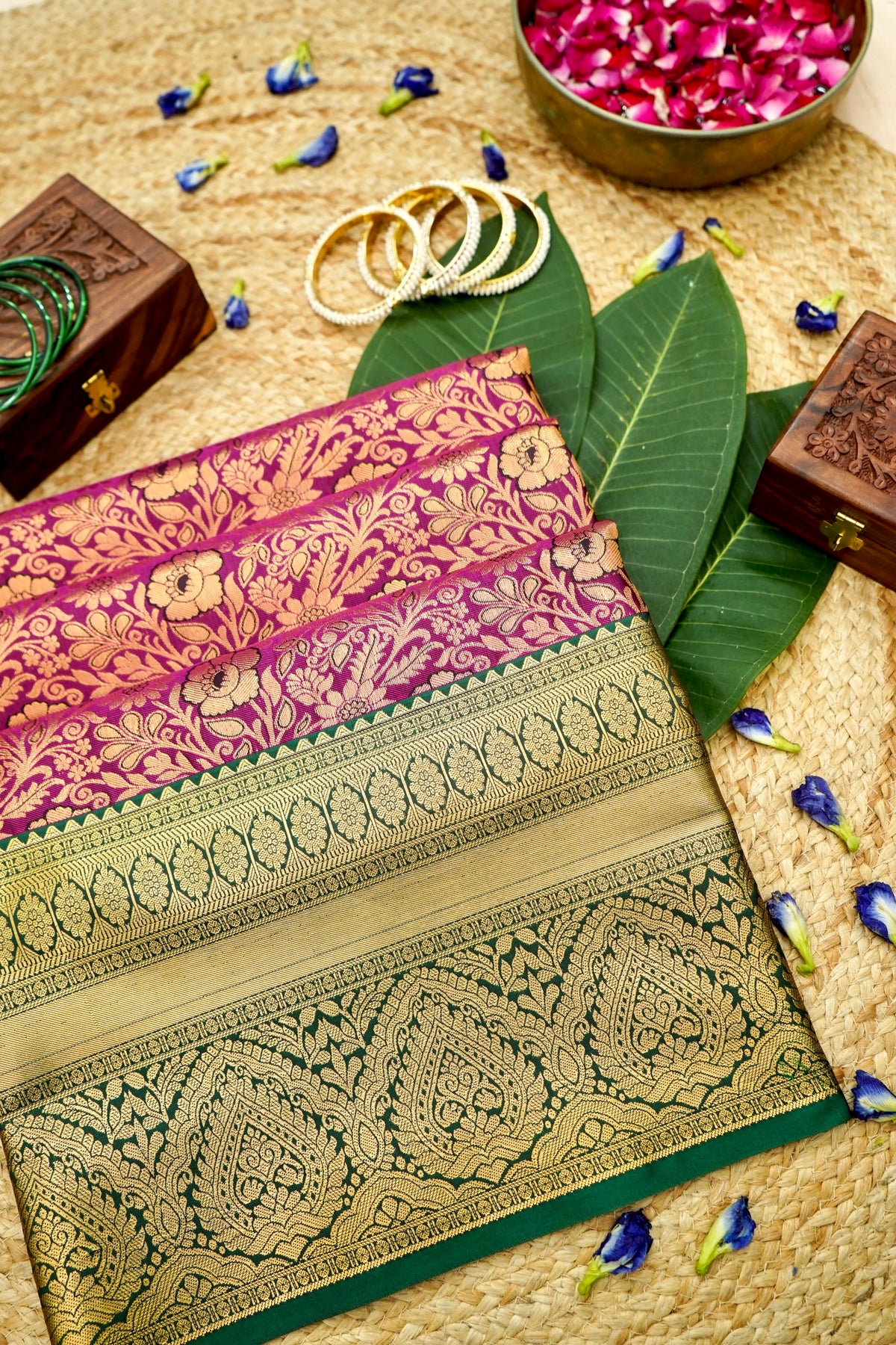 Devyani - Rani Pink Kanchi Pattu Silk Saree with Emerald Green Border