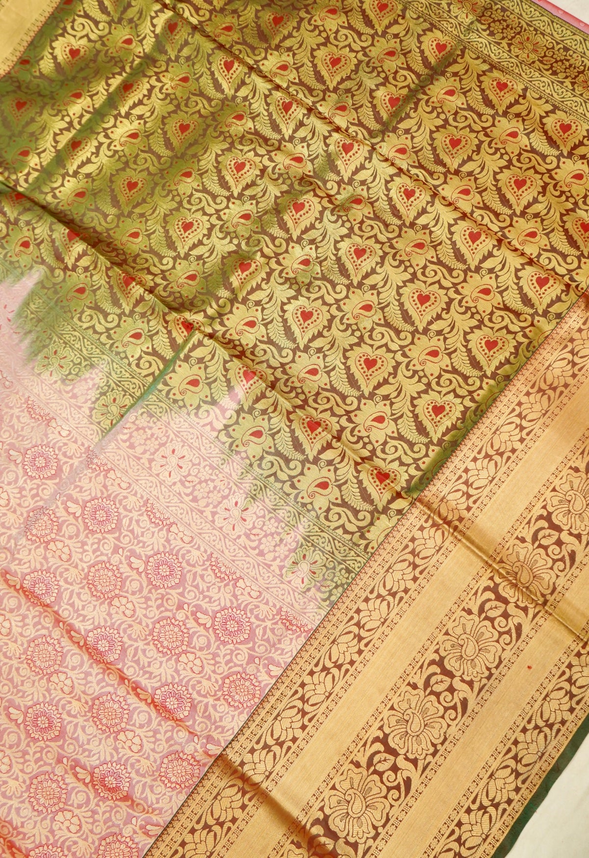 Devyani - Dusty Rose Kanchi Pattu Silk Saree with Antique Gold Border