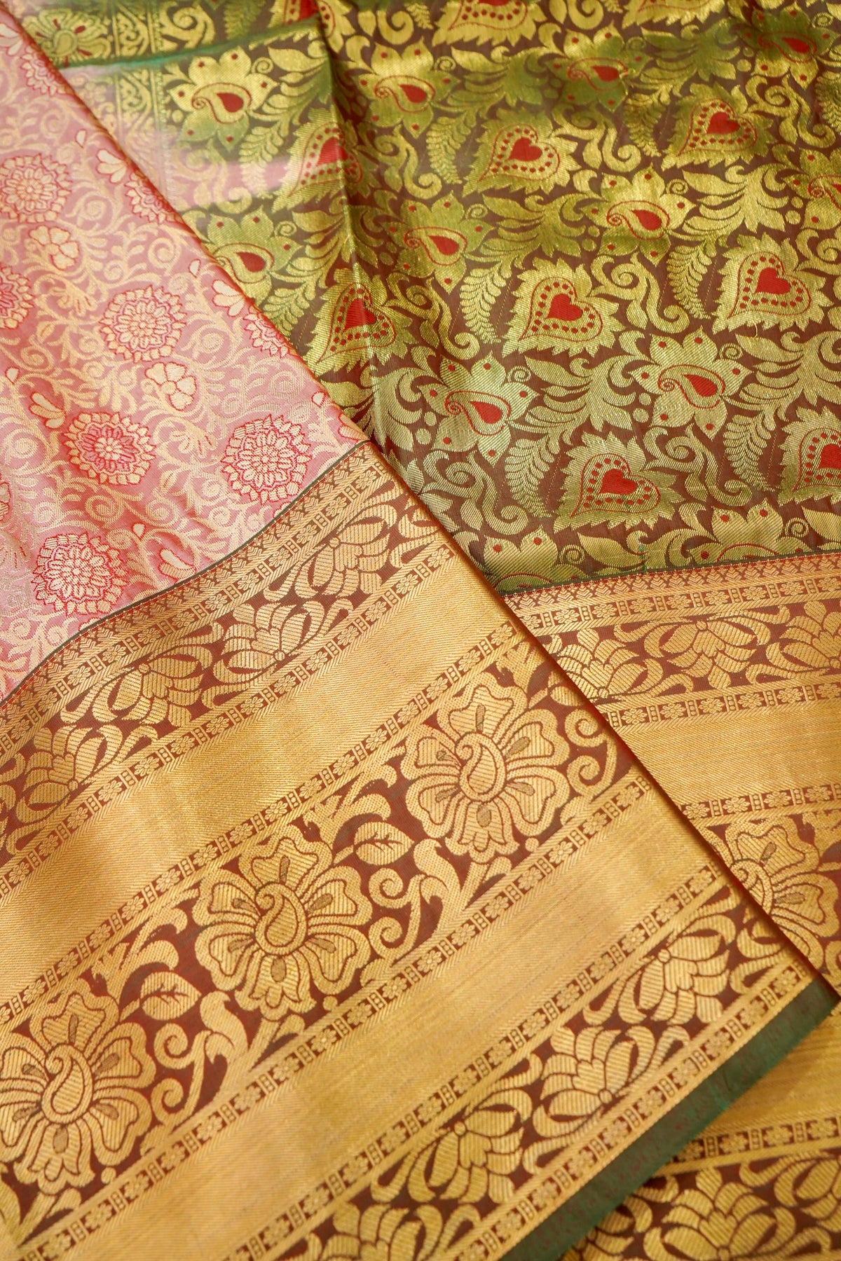 Devyani - Dusty Rose Kanchi Pattu Silk Saree with Antique Gold Border