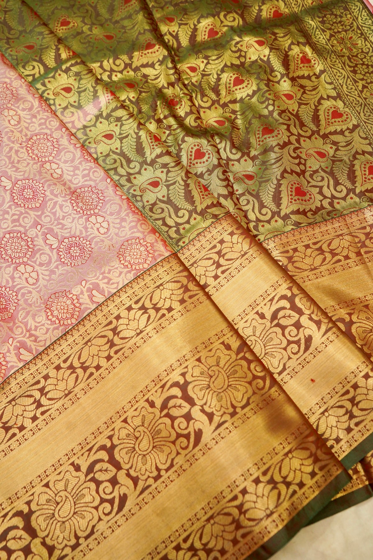 Devyani - Dusty Rose Kanchi Pattu Silk Saree with Antique Gold Border