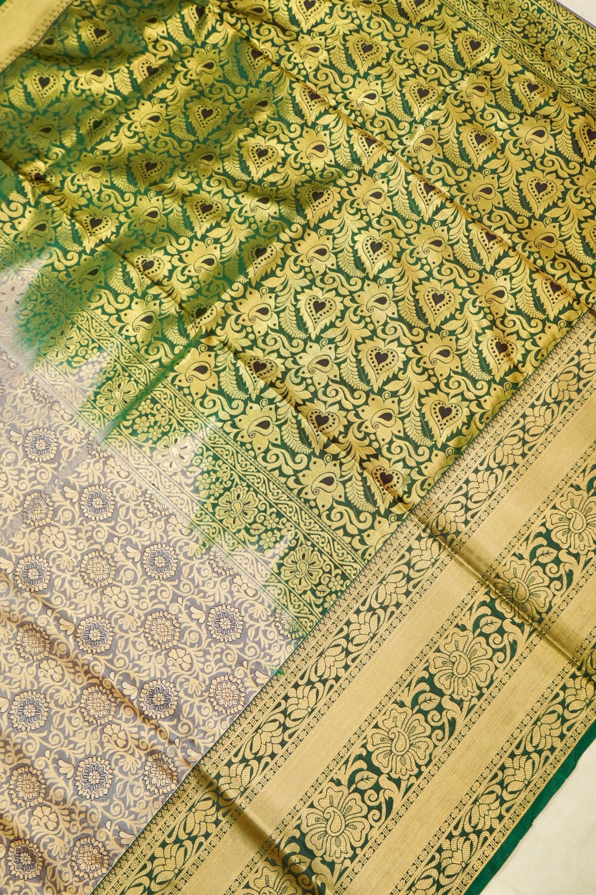 Devyani - Olive Green Kanchi Pattu Silk Saree with Antique Gold Border
