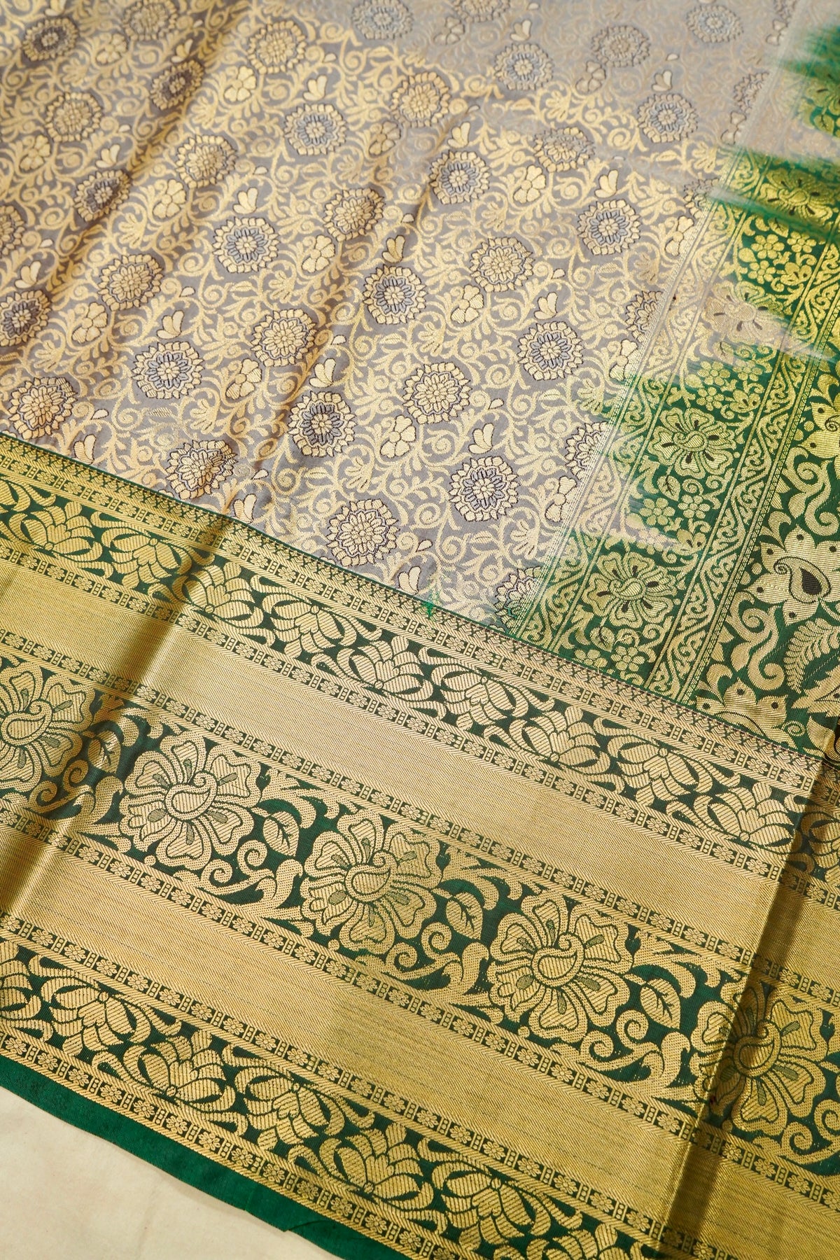 Devyani - Olive Green Kanchi Pattu Silk Saree with Antique Gold Border