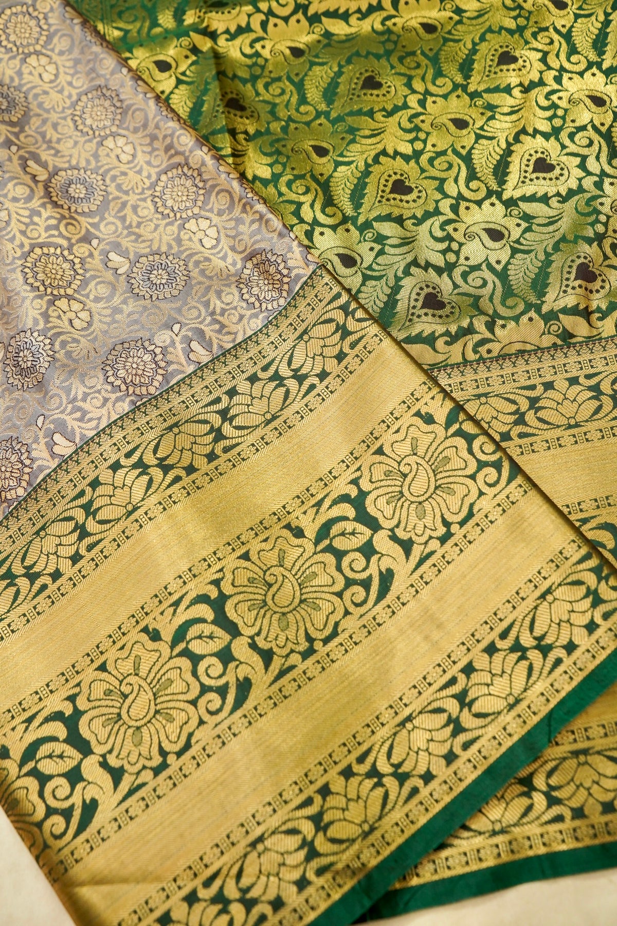 Devyani - Olive Green Kanchi Pattu Silk Saree with Antique Gold Border