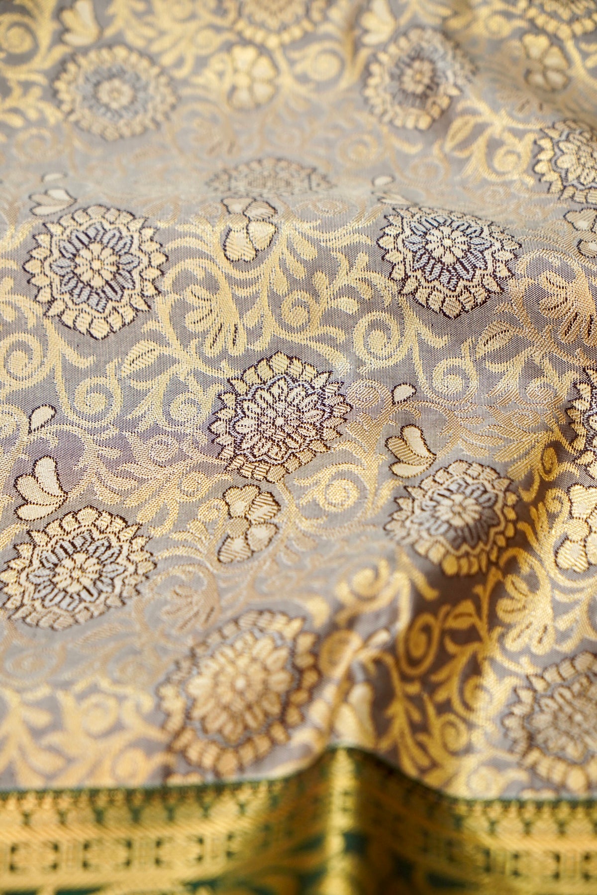 Devyani - Olive Green Kanchi Pattu Silk Saree with Antique Gold Border
