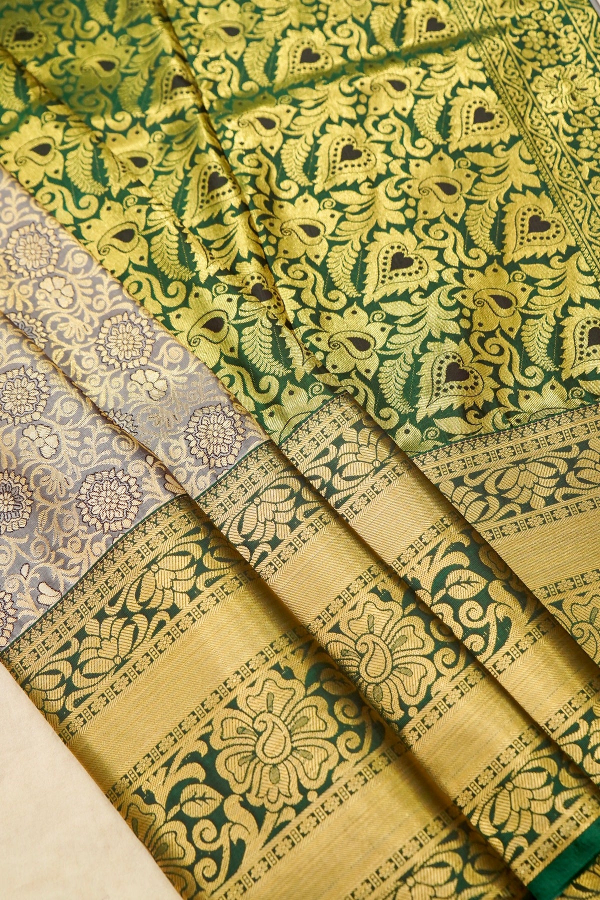 Devyani - Olive Green Kanchi Pattu Silk Saree with Antique Gold Border