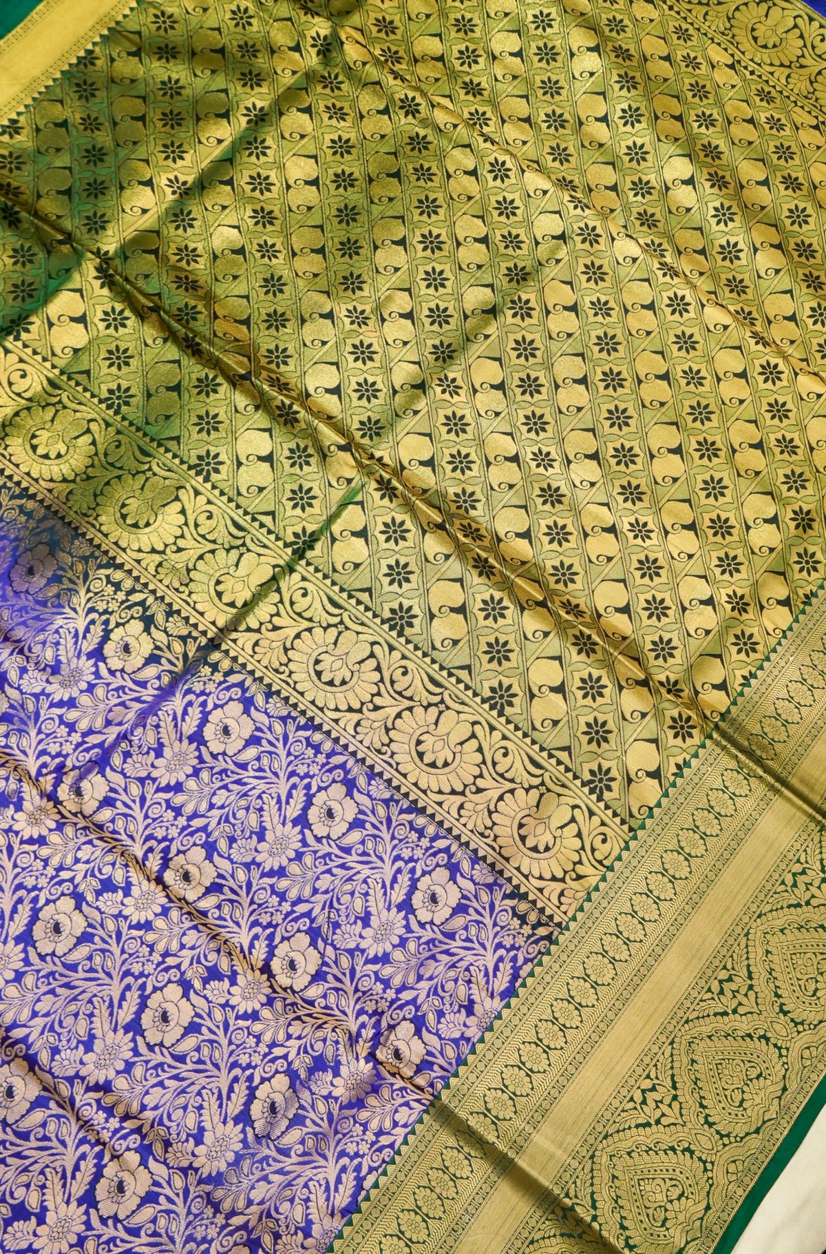Devyani - Royal Blue Kanchi Pattu Silk Saree with Emerald Green Border