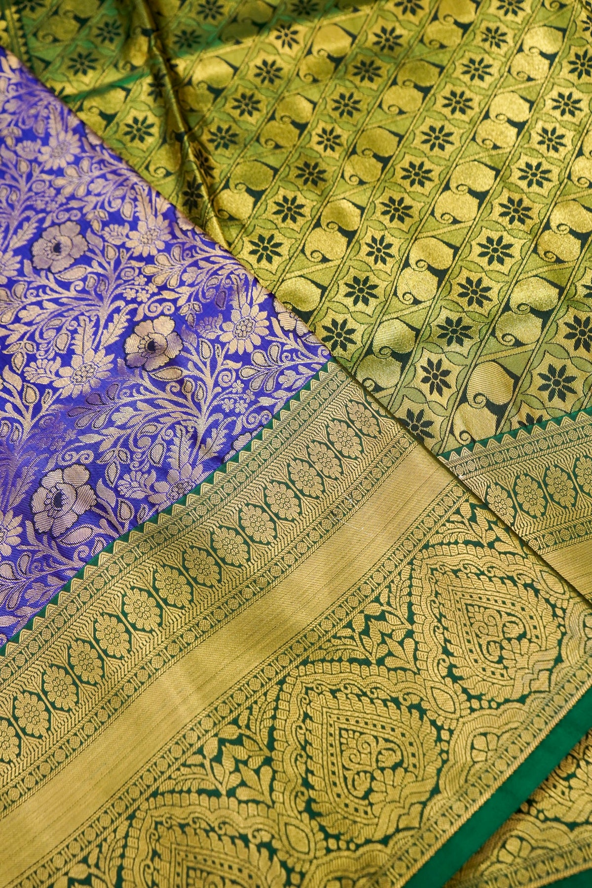 Devyani - Royal Blue Kanchi Pattu Silk Saree with Emerald Green Border